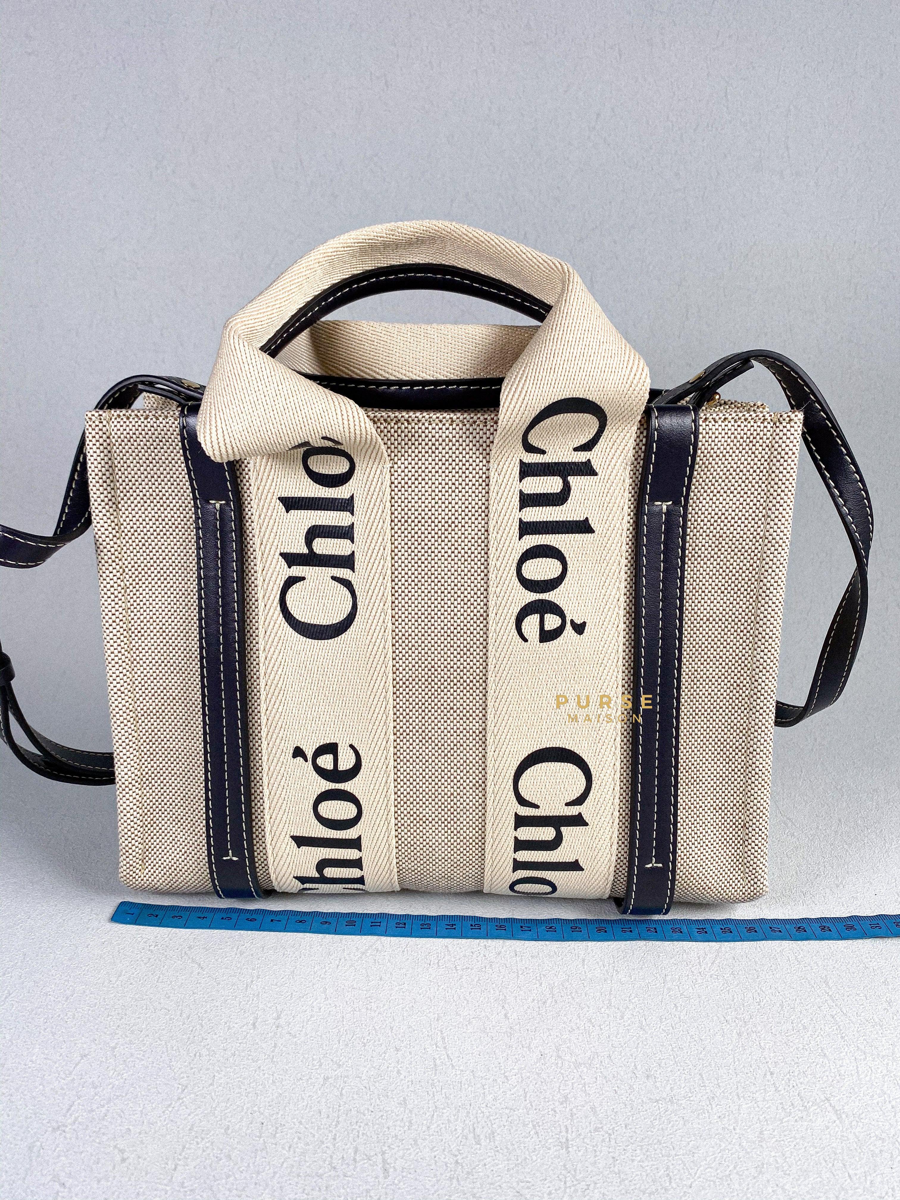 Chloe Small Woody Canvas Tote Bag (White/Navy Blue) | Purse Maison Luxury Bags Shop