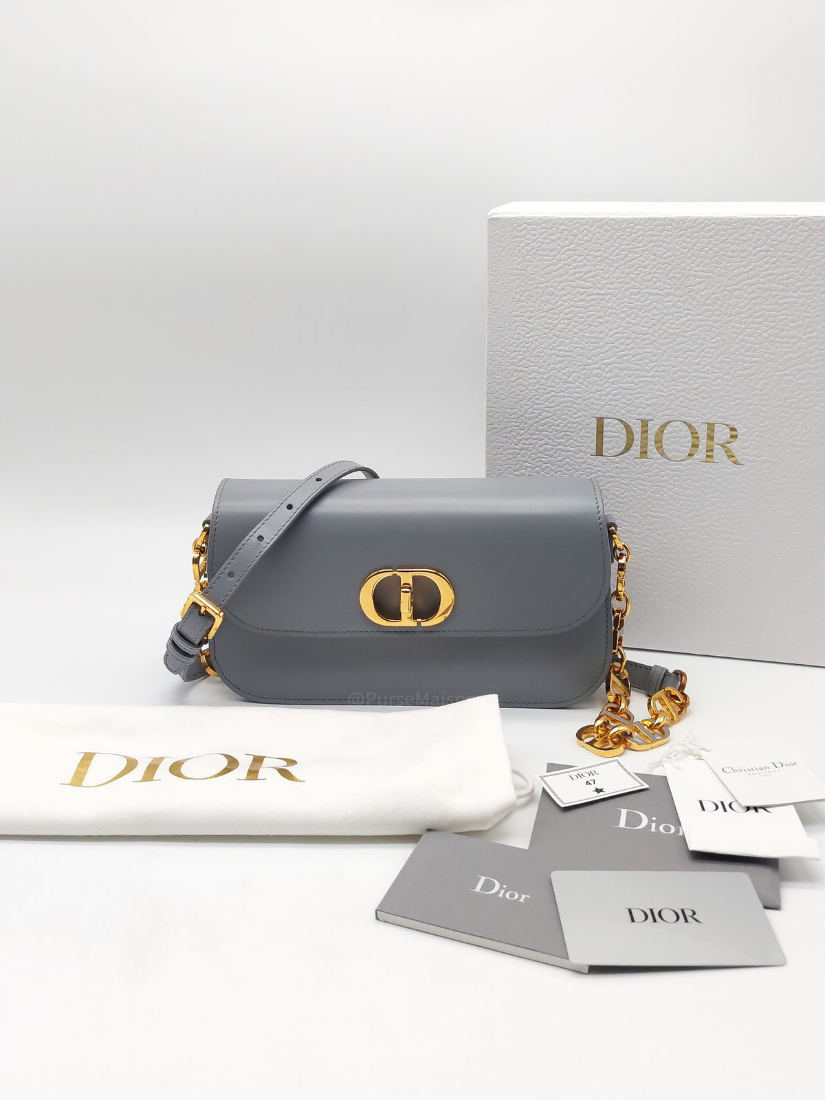 Christian Dior 30 Montaigne Avenue Bag in Gray Box Calfskin Leather and Gold Hardware | Purse Maison Luxury Bags Shop