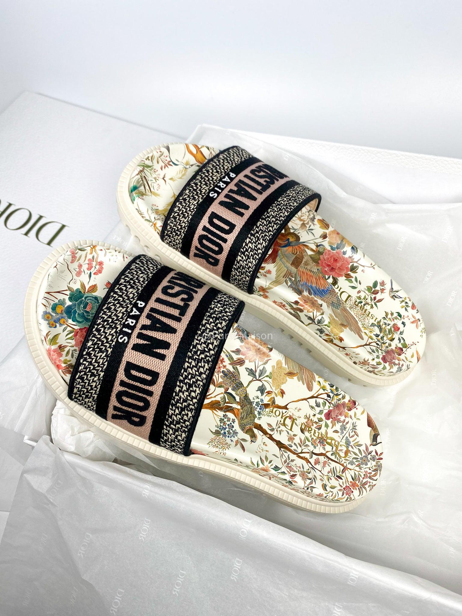 Christian Dior DWAY Slides Toile De Jouy Floral Multicolor Size 37.5 EU (25cm)