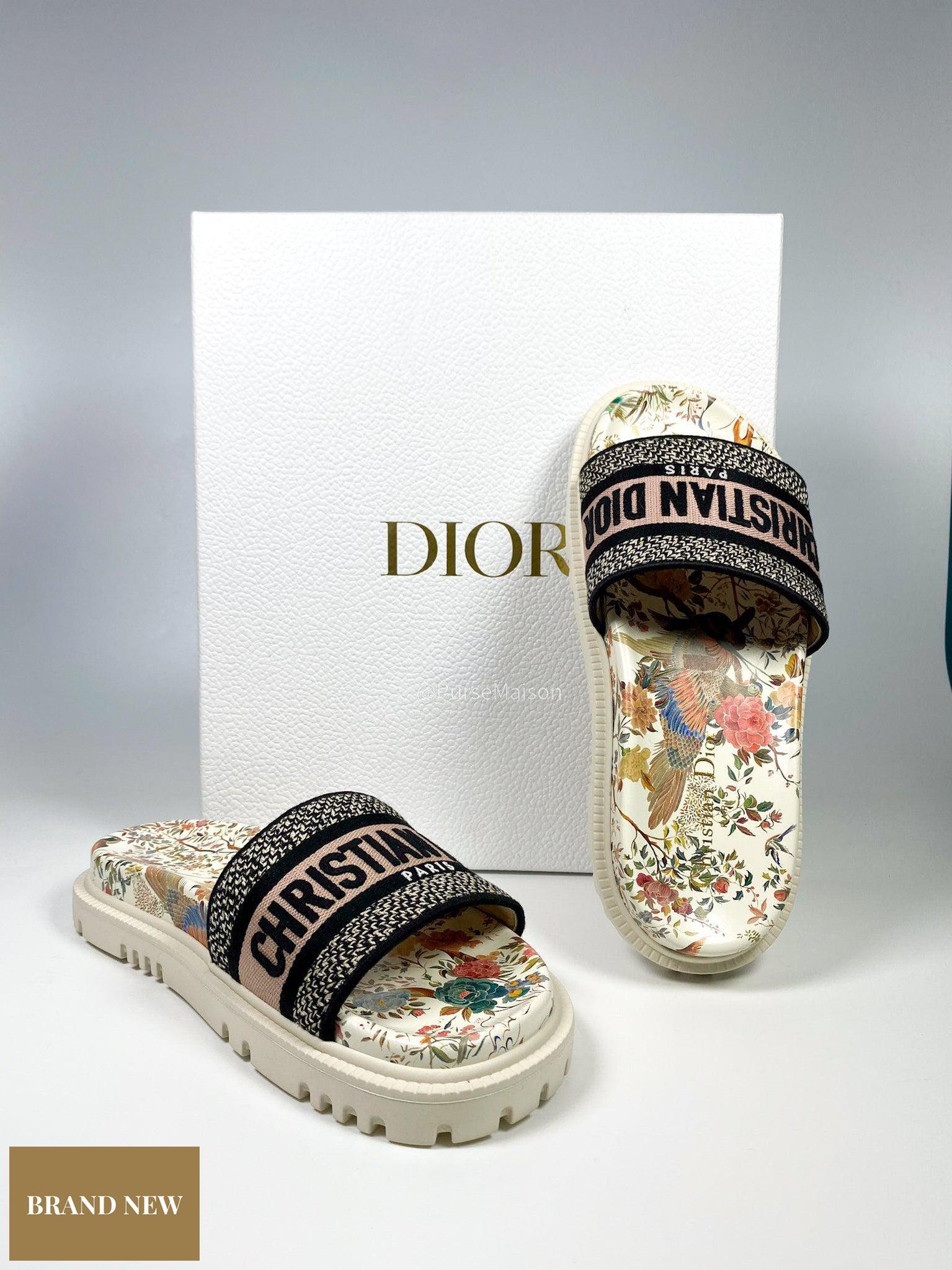 Christian Dior DWAY Slides Toile De Jouy Floral Multicolor Size 37.5 EU (25cm)