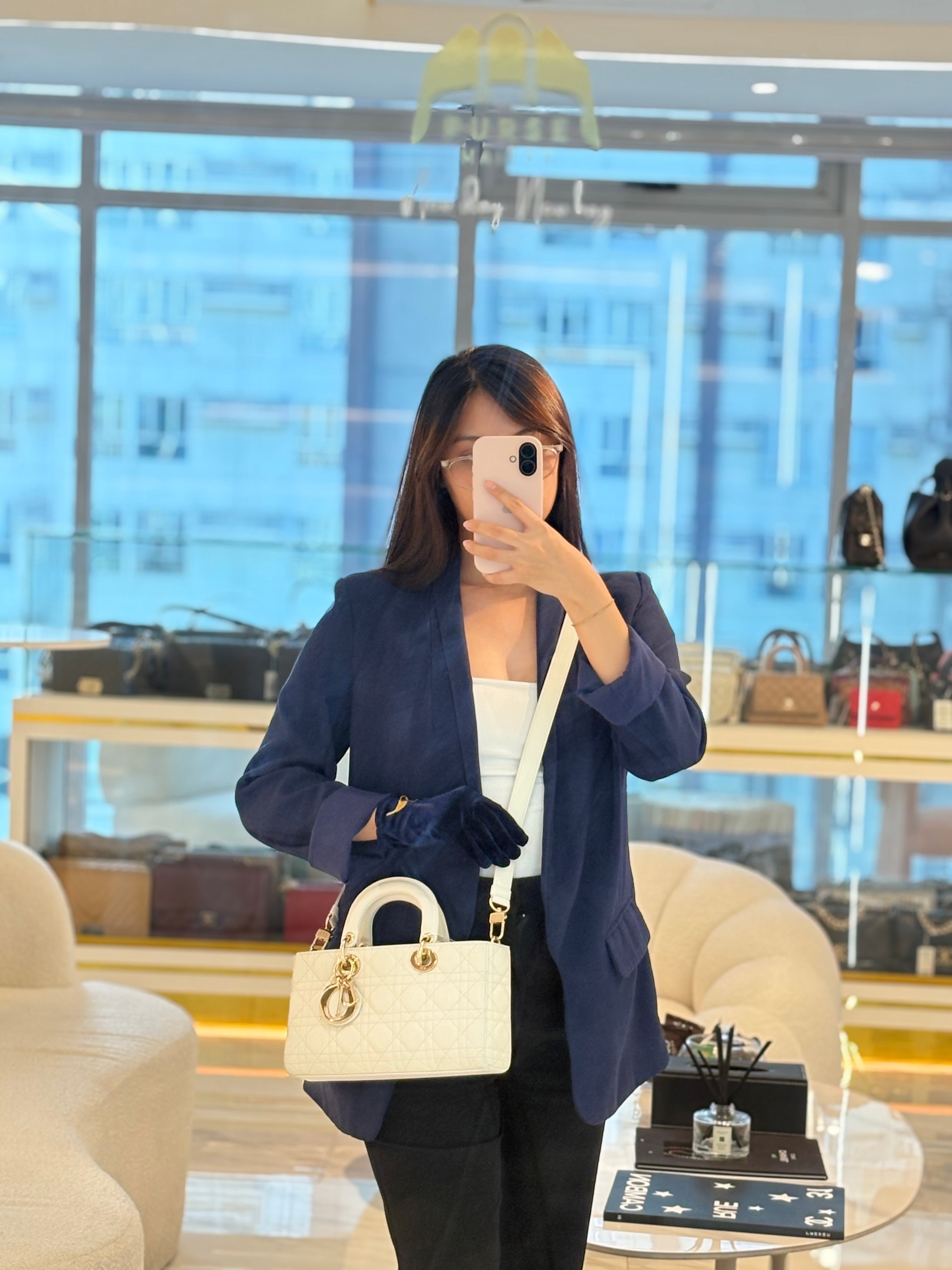 Lady D-Joy Medium in White Cannage Lambskin Leather Light Gold Hardware | Purse Maison Luxury Bags Shop
