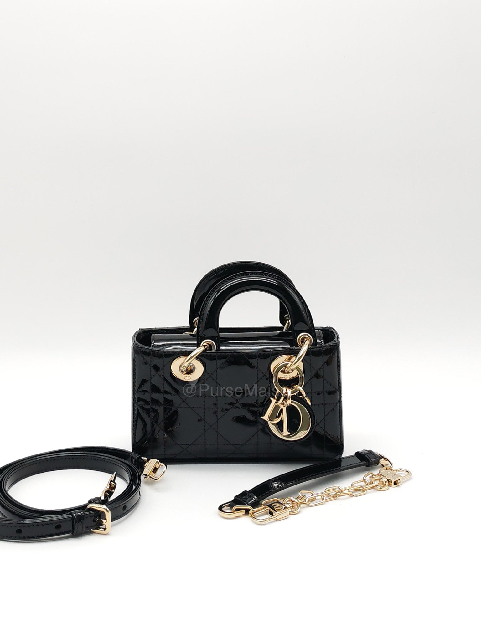 Christian Dior Lady D-Joy Micro in Black Patent Cannage Calfskin Leather and Light Gold Hardware | Purse Maison Luxury Bags Shop