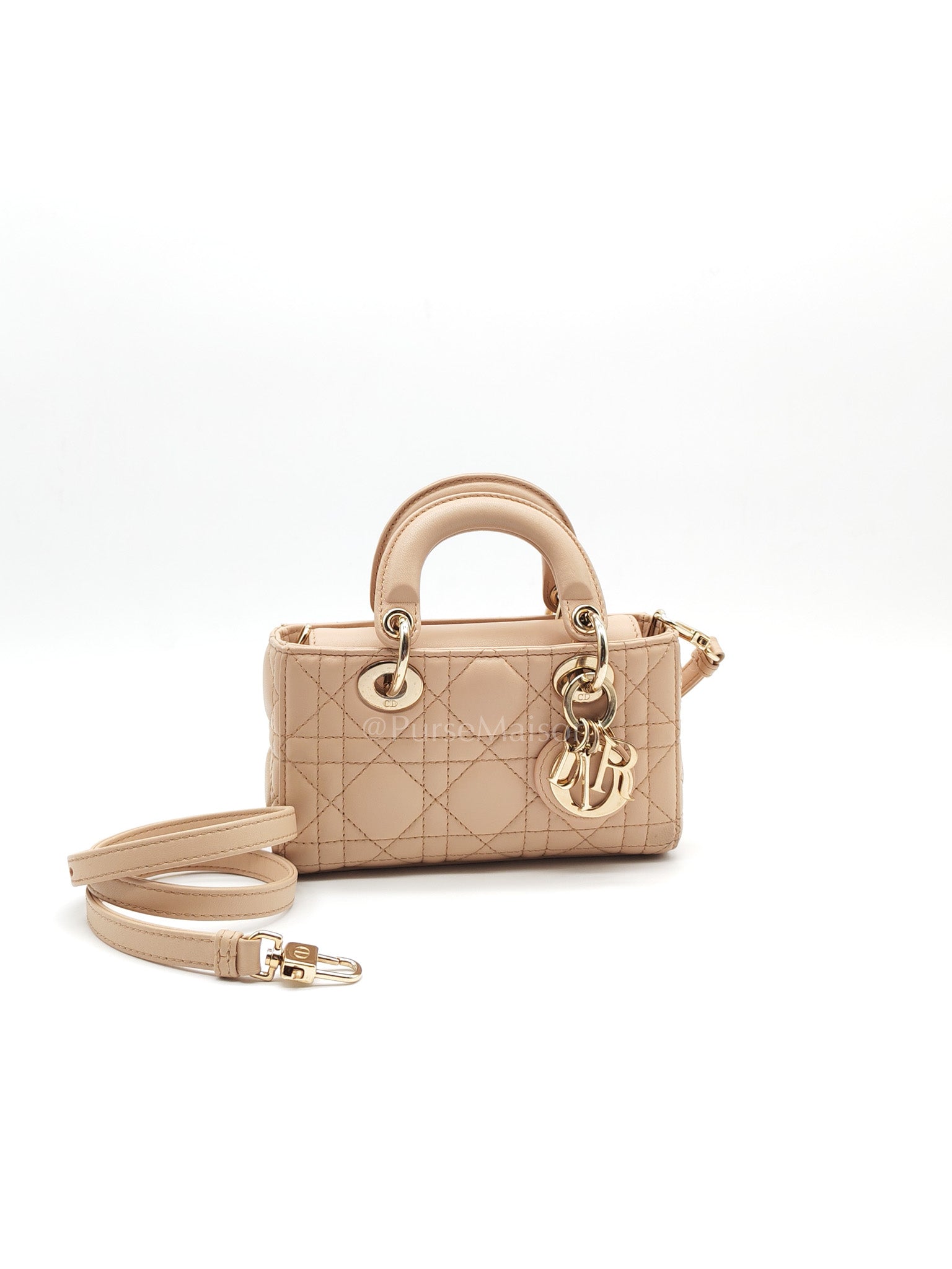 Lady D-Joy Nano in Beige Cannage Lambskin Leather Light Gold Hardware | Purse Maison Luxury Bags Shop
