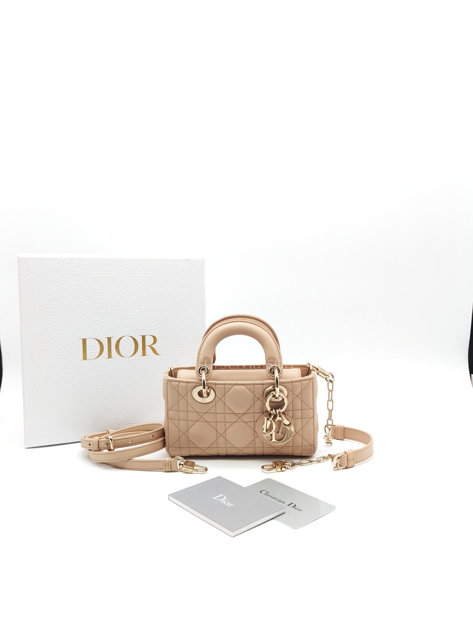 Lady D-Joy Nano in Beige Cannage Lambskin Leather Light Gold Hardware | Purse Maison Luxury Bags Shop