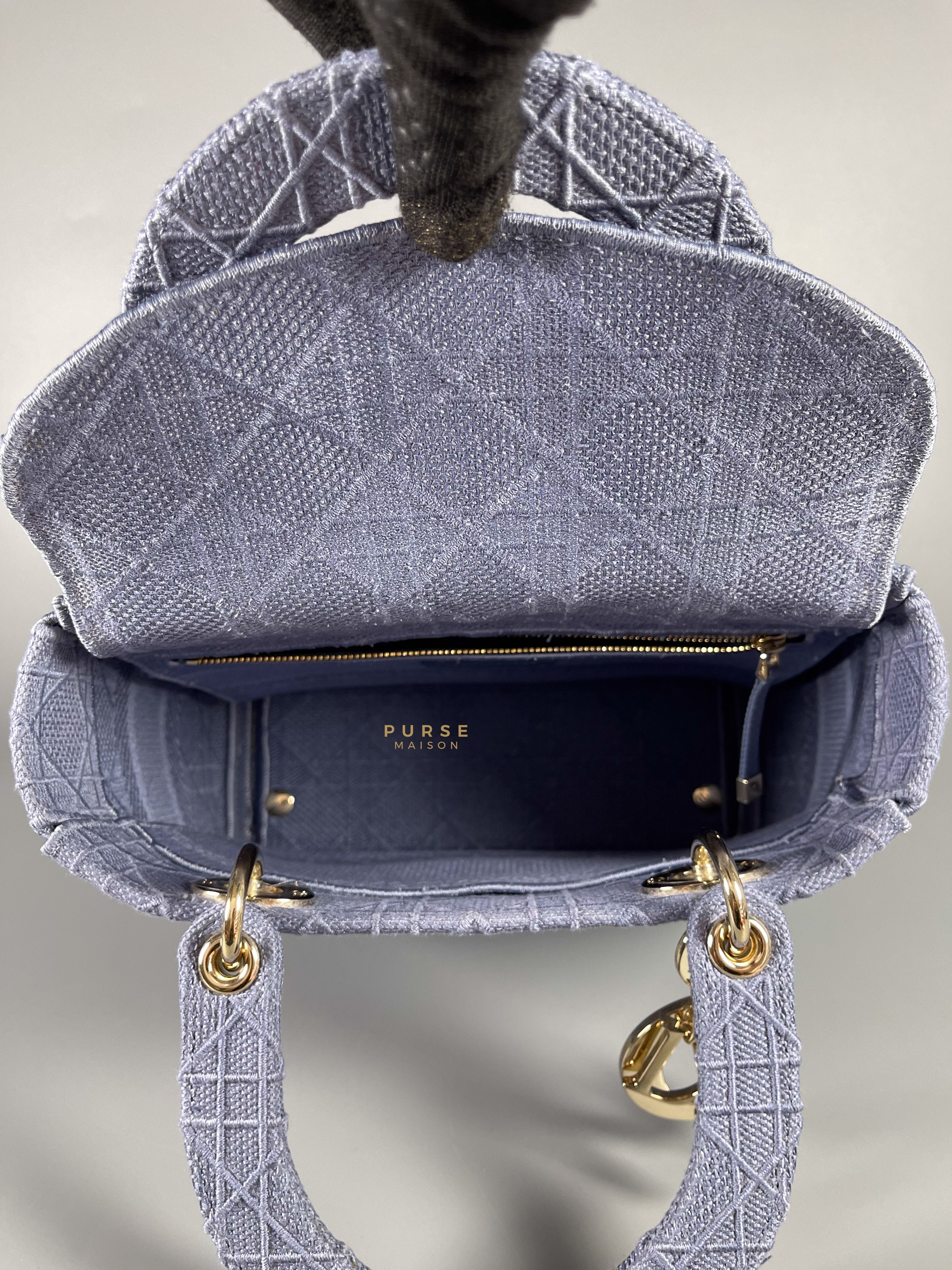 Christian Dior Lady D-Lite Blue Medium in Canvas Embroidered Cannage and Light Gold Hardware | Purse Maison Luxury Bags Shop