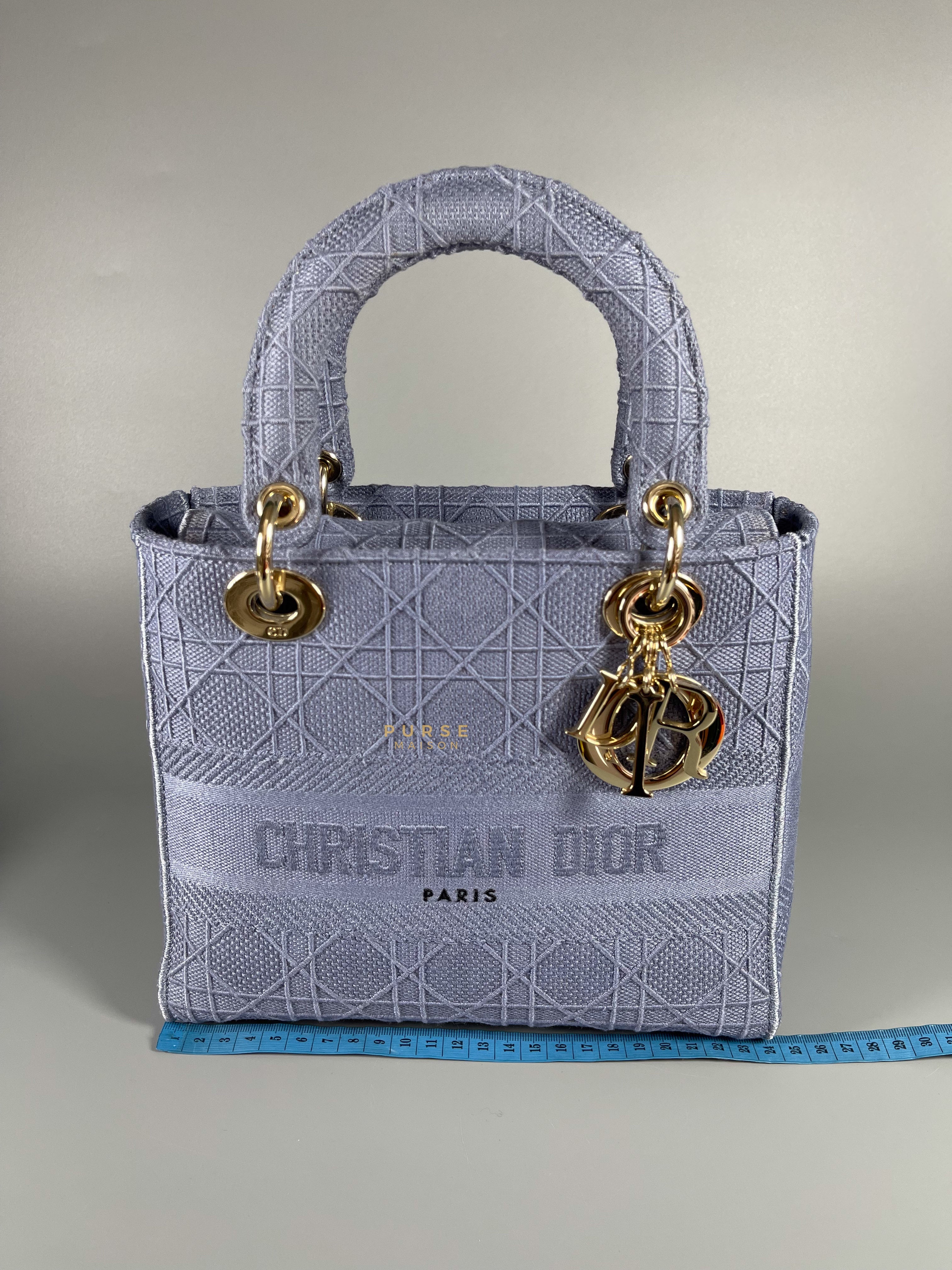 Christian Dior Lady D-Lite Blue Medium in Canvas Embroidered Cannage and Light Gold Hardware | Purse Maison Luxury Bags Shop