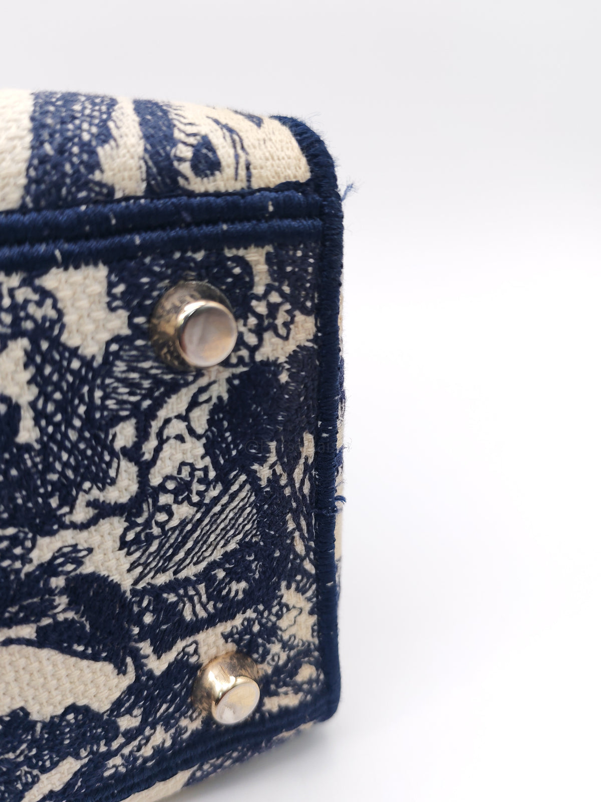 Christian Dior Lady D-Lite Medium in Navy Blue Toile de Jouy Embroidery Canvas and Light Gold Hardware | Purse Maison Luxury Bags Shop