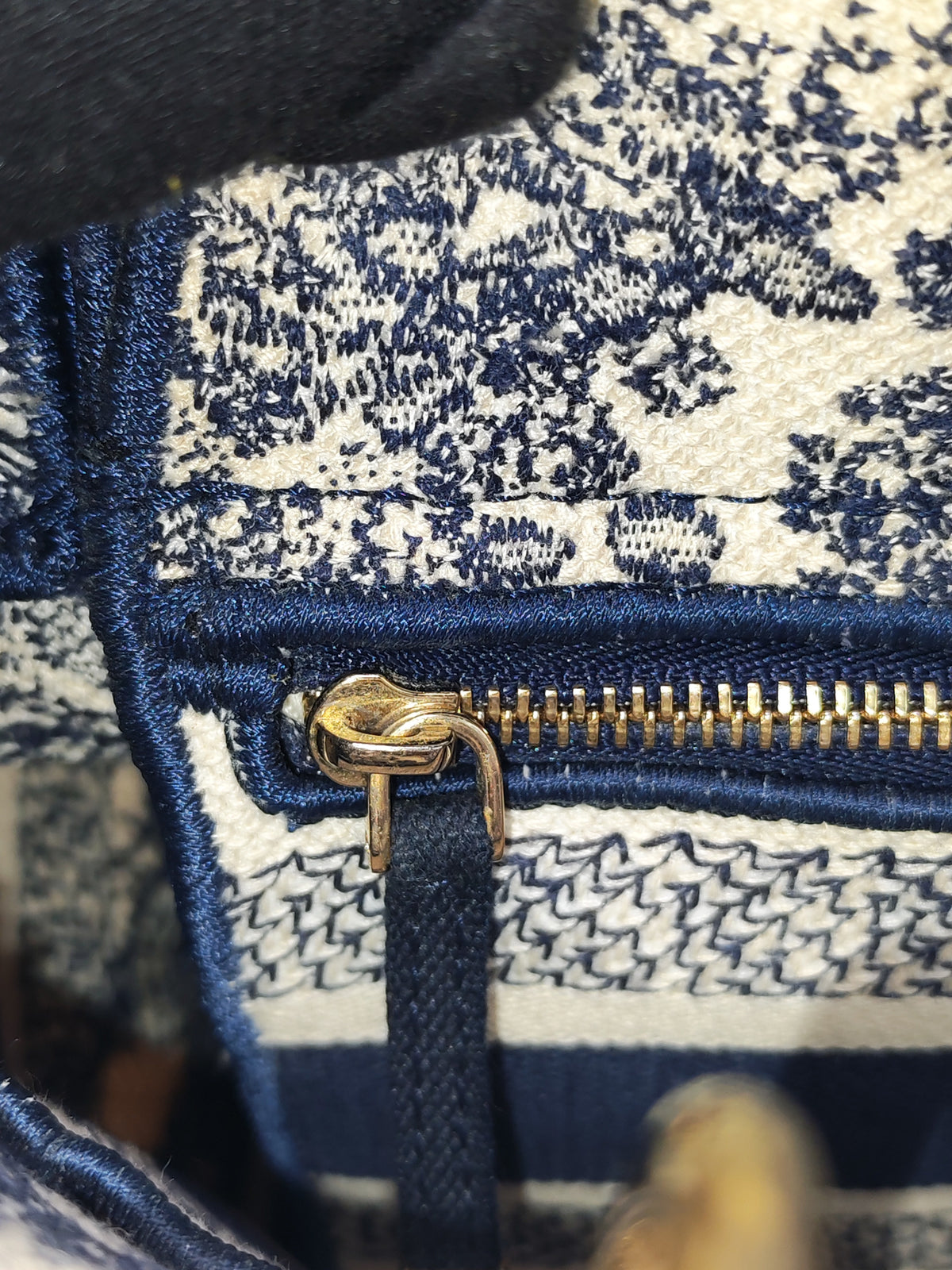 Christian Dior Lady D-Lite Medium in Navy Blue Toile de Jouy Embroidery Canvas and Light Gold Hardware | Purse Maison Luxury Bags Shop