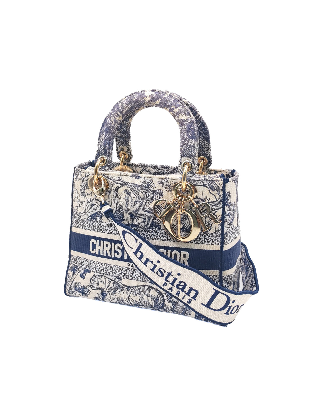 Christian Dior Lady D-Lite Medium in Navy Blue Toile de Jouy Embroidery Canvas and Light Gold Hardware | Purse Maison Luxury Bags Shop