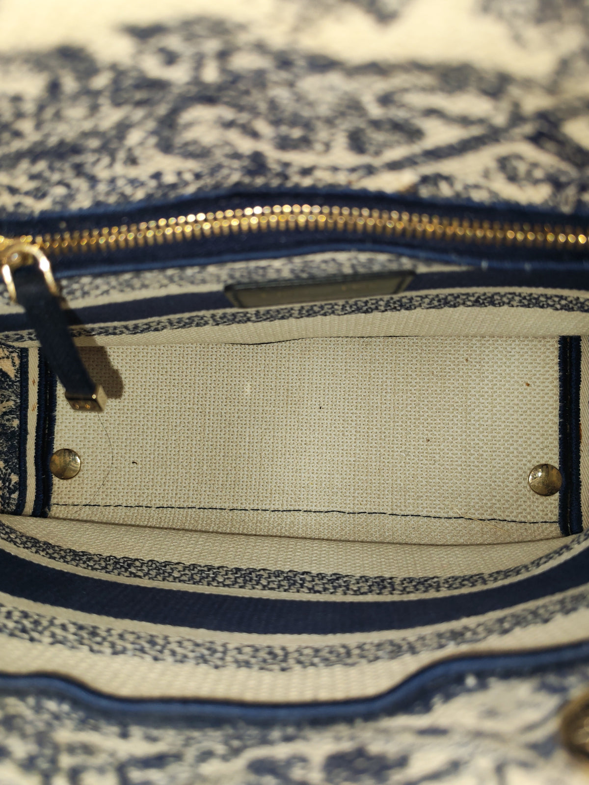 Christian Dior Lady D-Lite Medium in Navy Blue Toile de Jouy Embroidery Canvas and Light Gold Hardware | Purse Maison Luxury Bags Shop