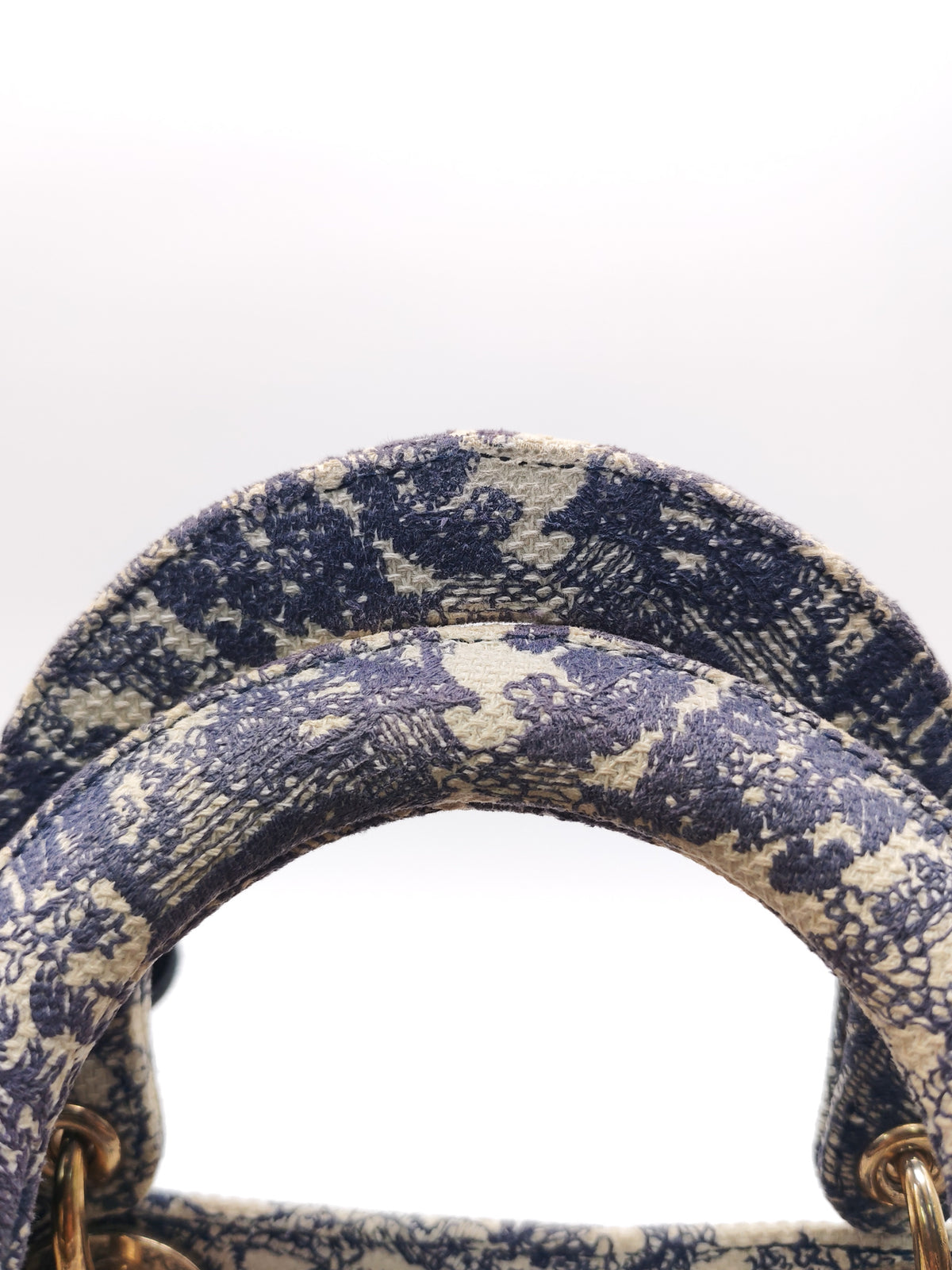 Christian Dior Lady D-Lite Medium in Navy Blue Toile de Jouy Embroidery Canvas and Light Gold Hardware | Purse Maison Luxury Bags Shop