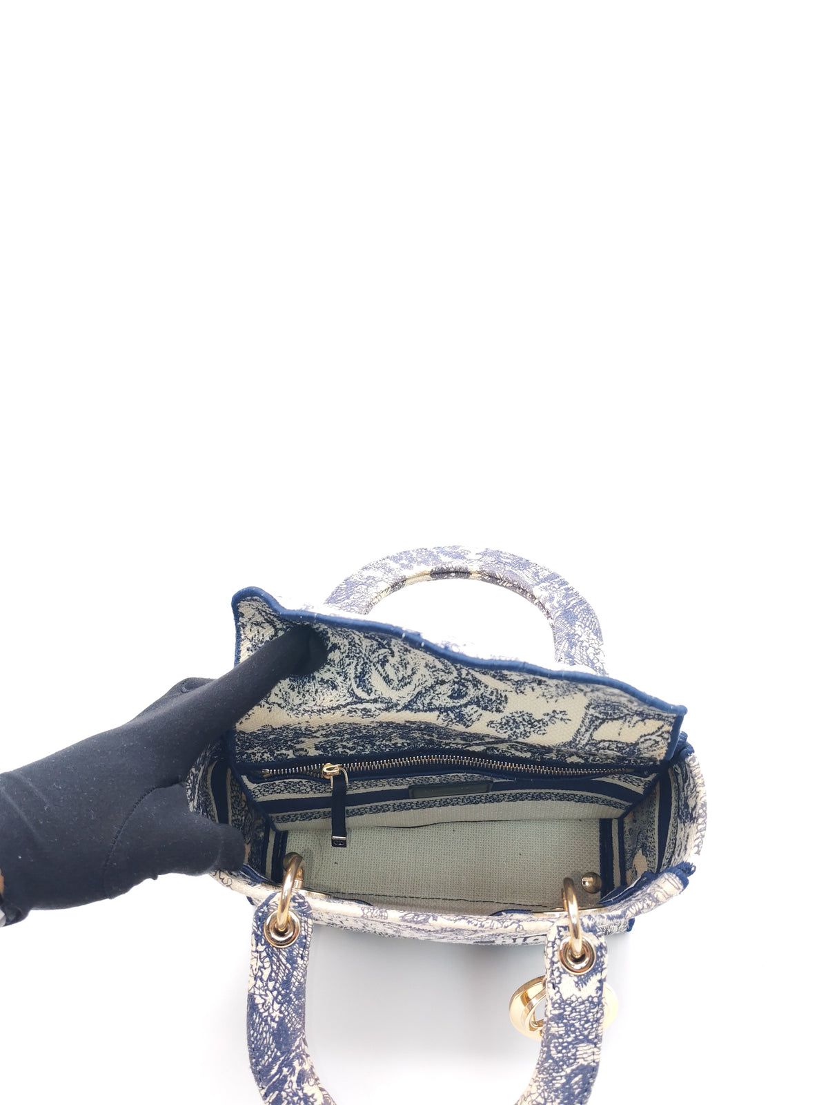 Christian Dior Lady D-Lite Medium in Navy Blue Toile de Jouy Embroidery Canvas and Light Gold Hardware | Purse Maison Luxury Bags Shop