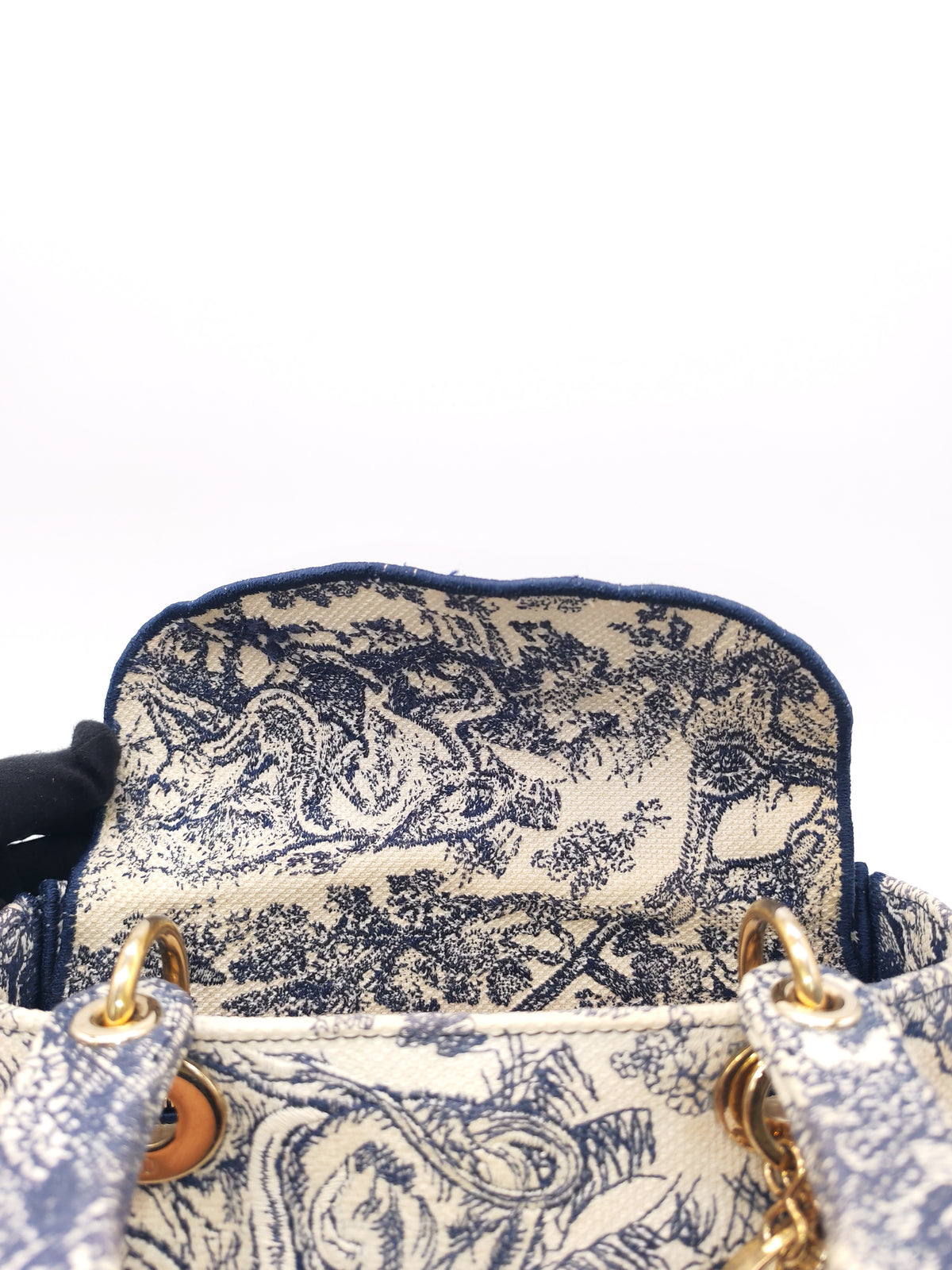 Christian Dior Lady D-Lite Medium in Navy Blue Toile de Jouy Embroidery Canvas and Light Gold Hardware | Purse Maison Luxury Bags Shop