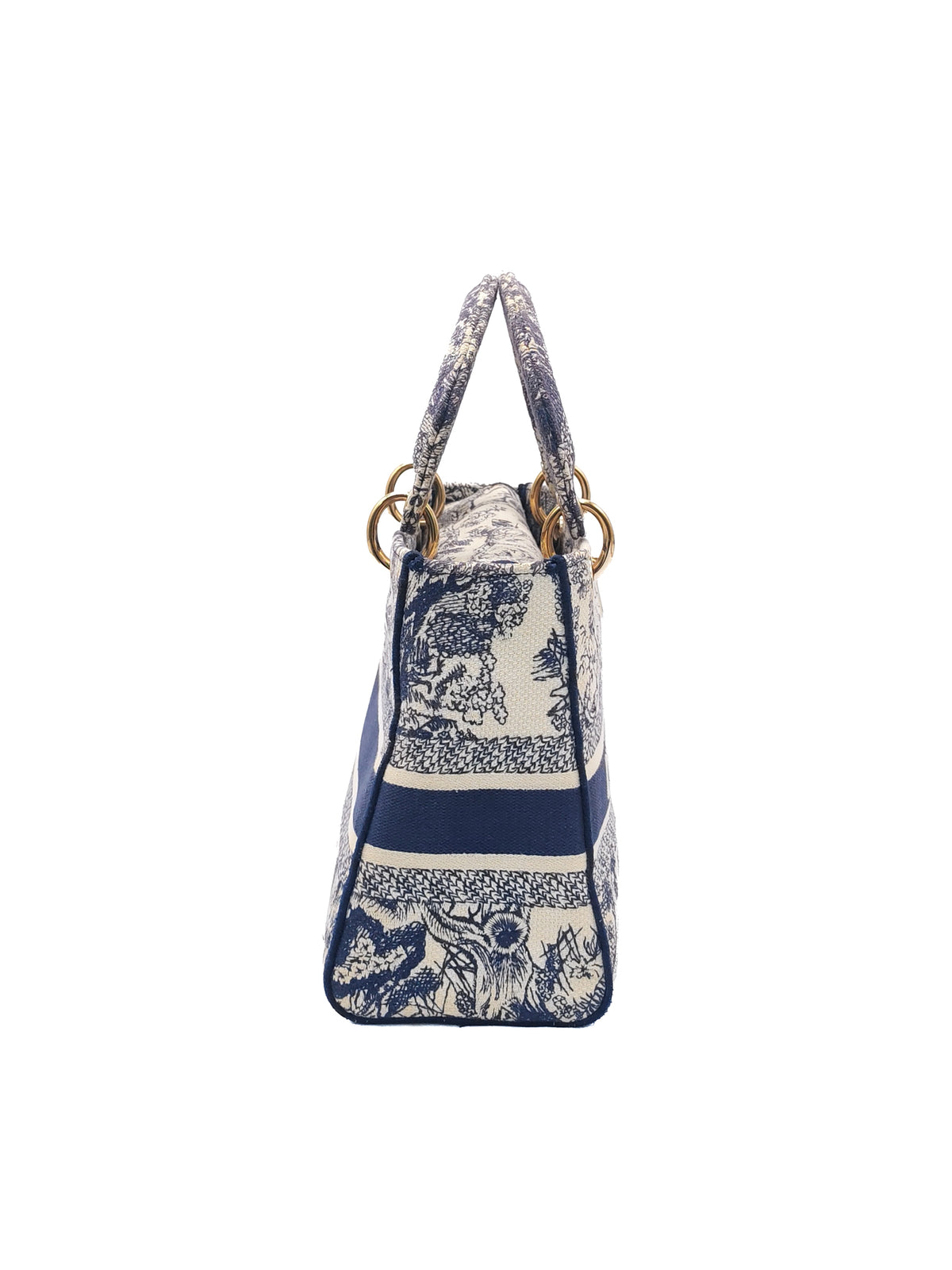 Christian Dior Lady D-Lite Medium in Navy Blue Toile de Jouy Embroidery Canvas and Light Gold Hardware | Purse Maison Luxury Bags Shop