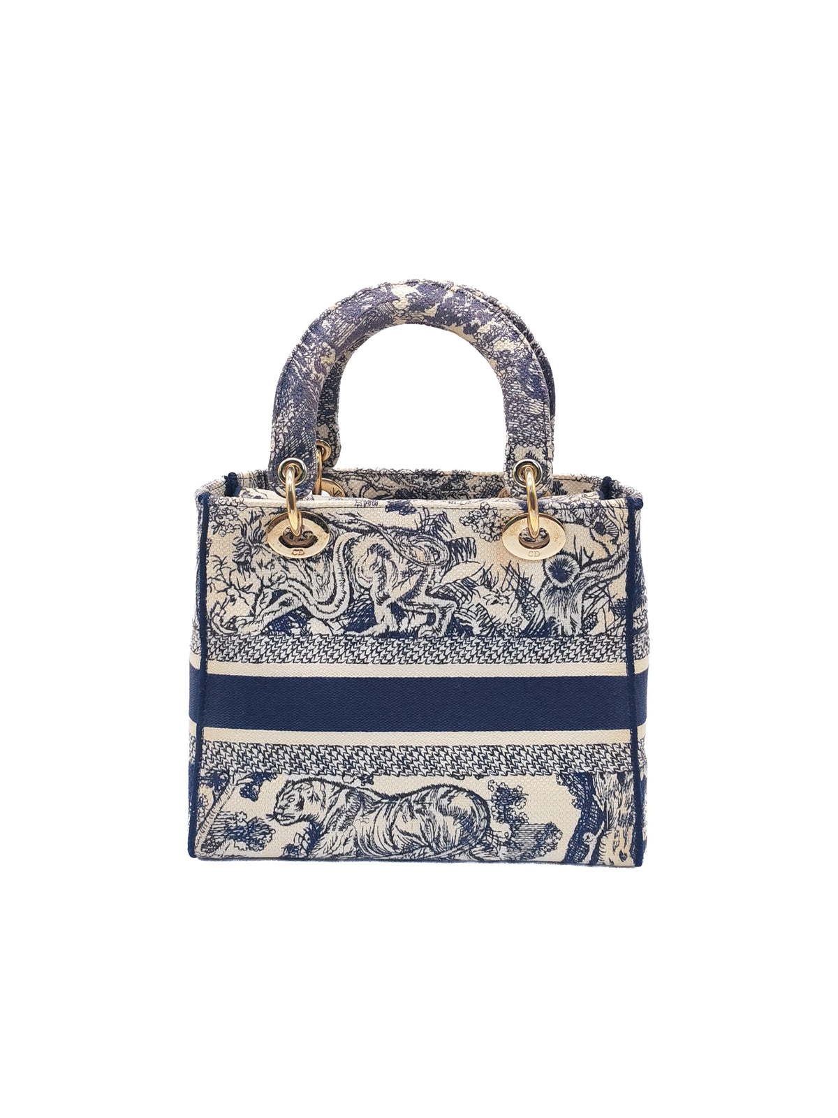 Christian Dior Lady D-Lite Medium in Navy Blue Toile de Jouy Embroidery Canvas and Light Gold Hardware | Purse Maison Luxury Bags Shop