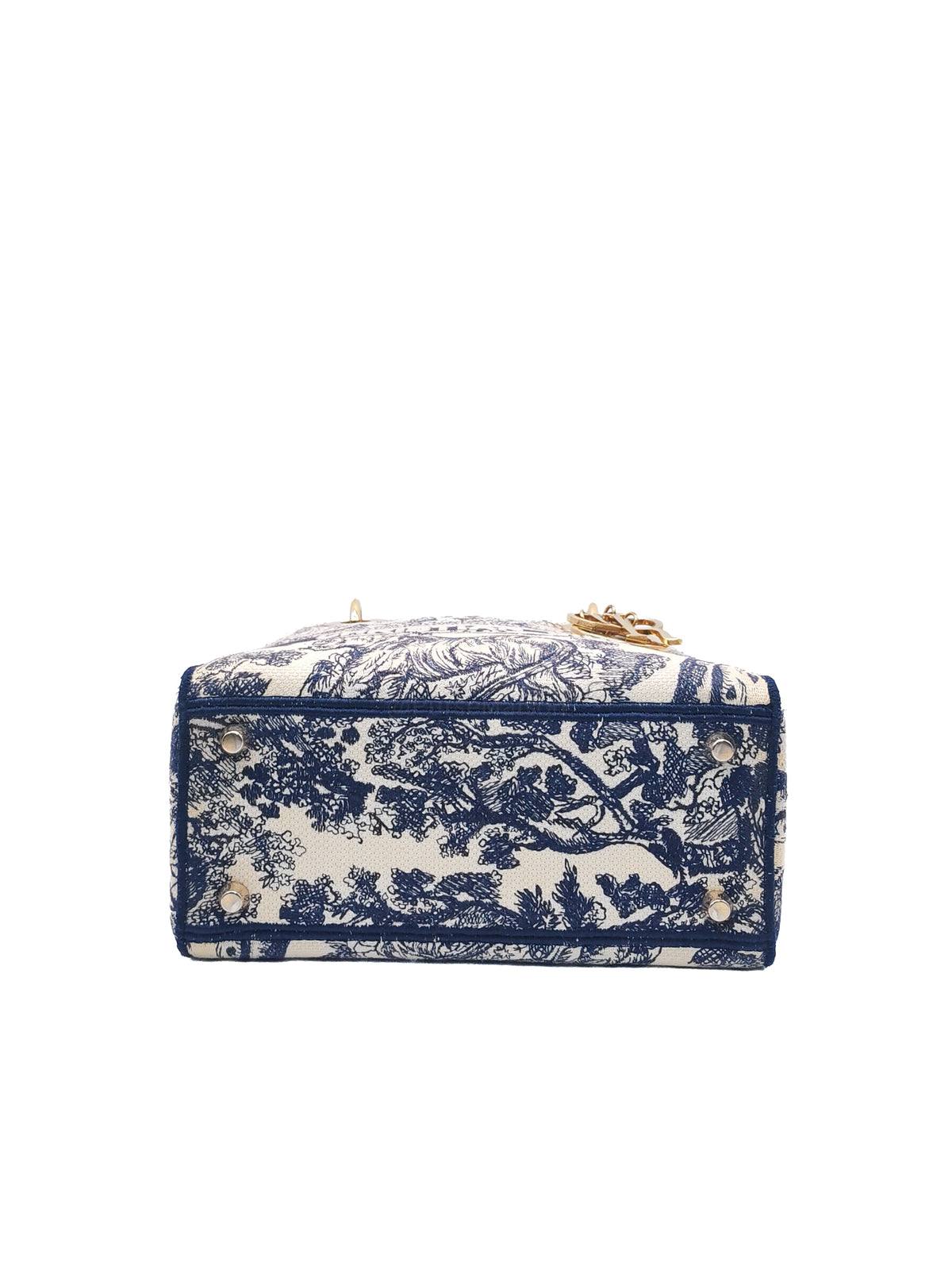 Christian Dior Lady D-Lite Medium in Navy Blue Toile de Jouy Embroidery Canvas and Light Gold Hardware | Purse Maison Luxury Bags Shop