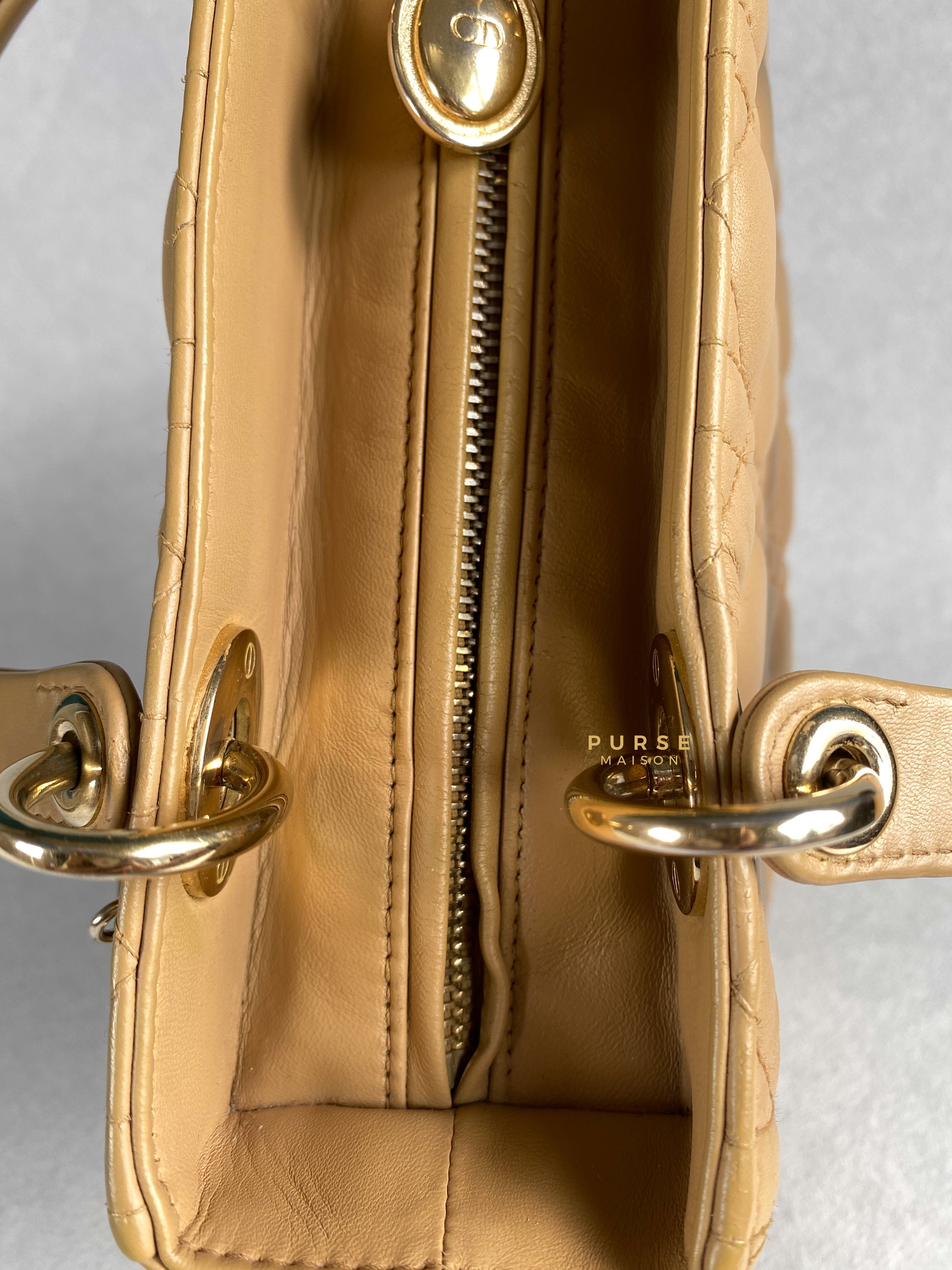 Christian Dior Lady Dior Beige Medium Light Gold hardware Lambskin | Purse Maison Luxury Bags Shop