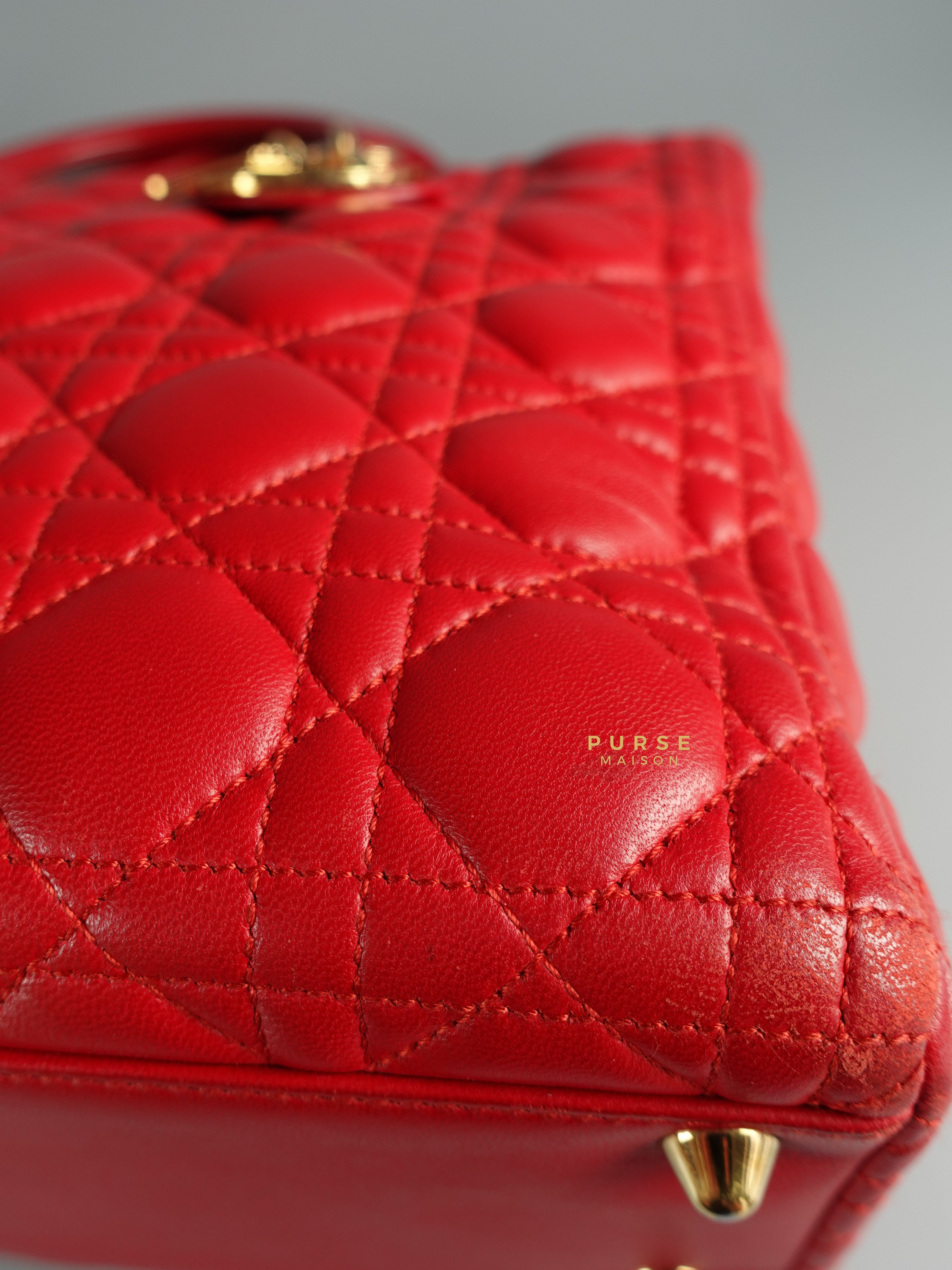 Christian Dior Lady Dior Large Red Cannage Quilt Lambskin Gold Hardware | Purse Maison Luxury Bags Shop