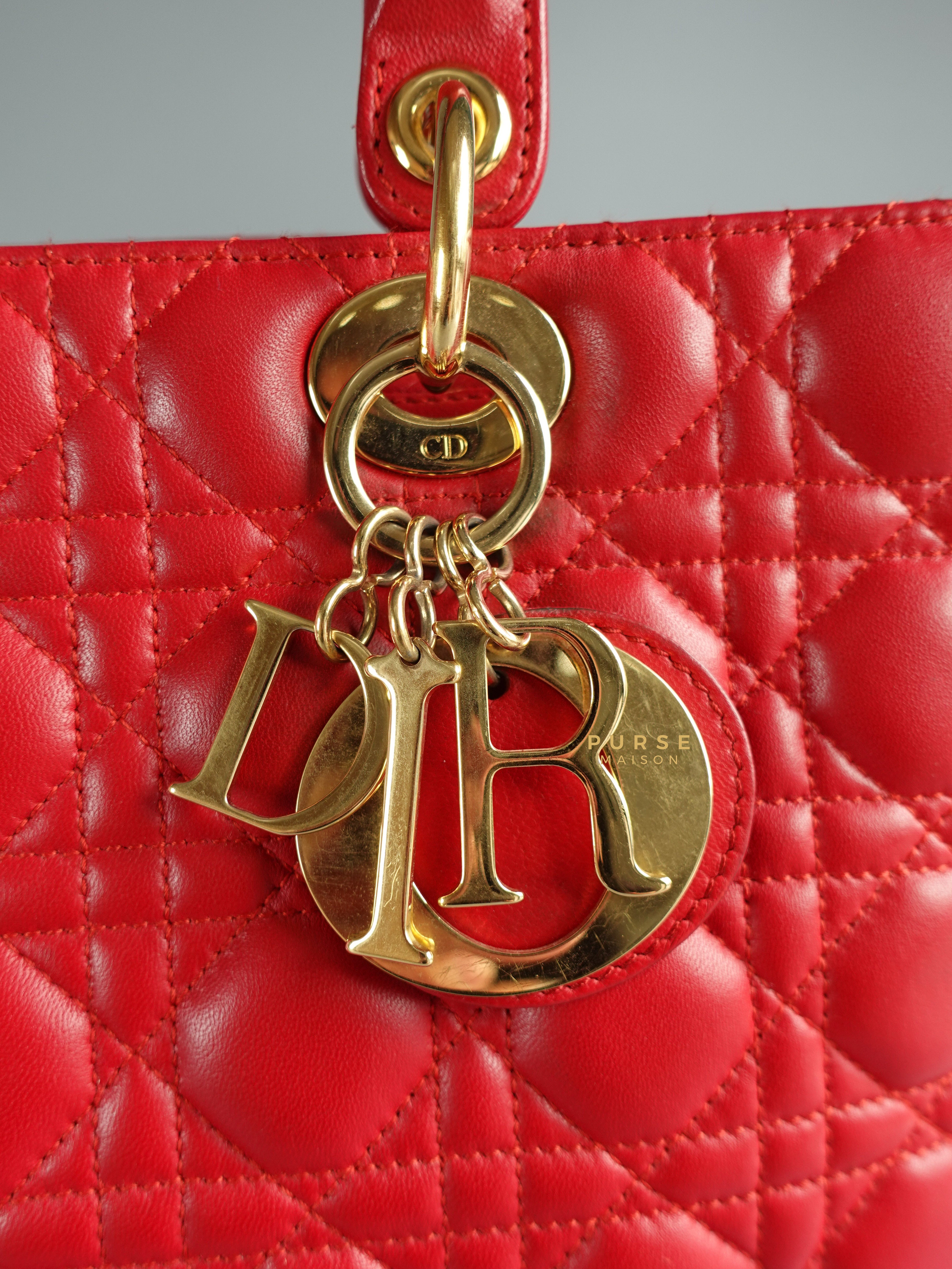 Christian Dior Lady Dior Large Red Cannage Quilt Lambskin Gold Hardware | Purse Maison Luxury Bags Shop