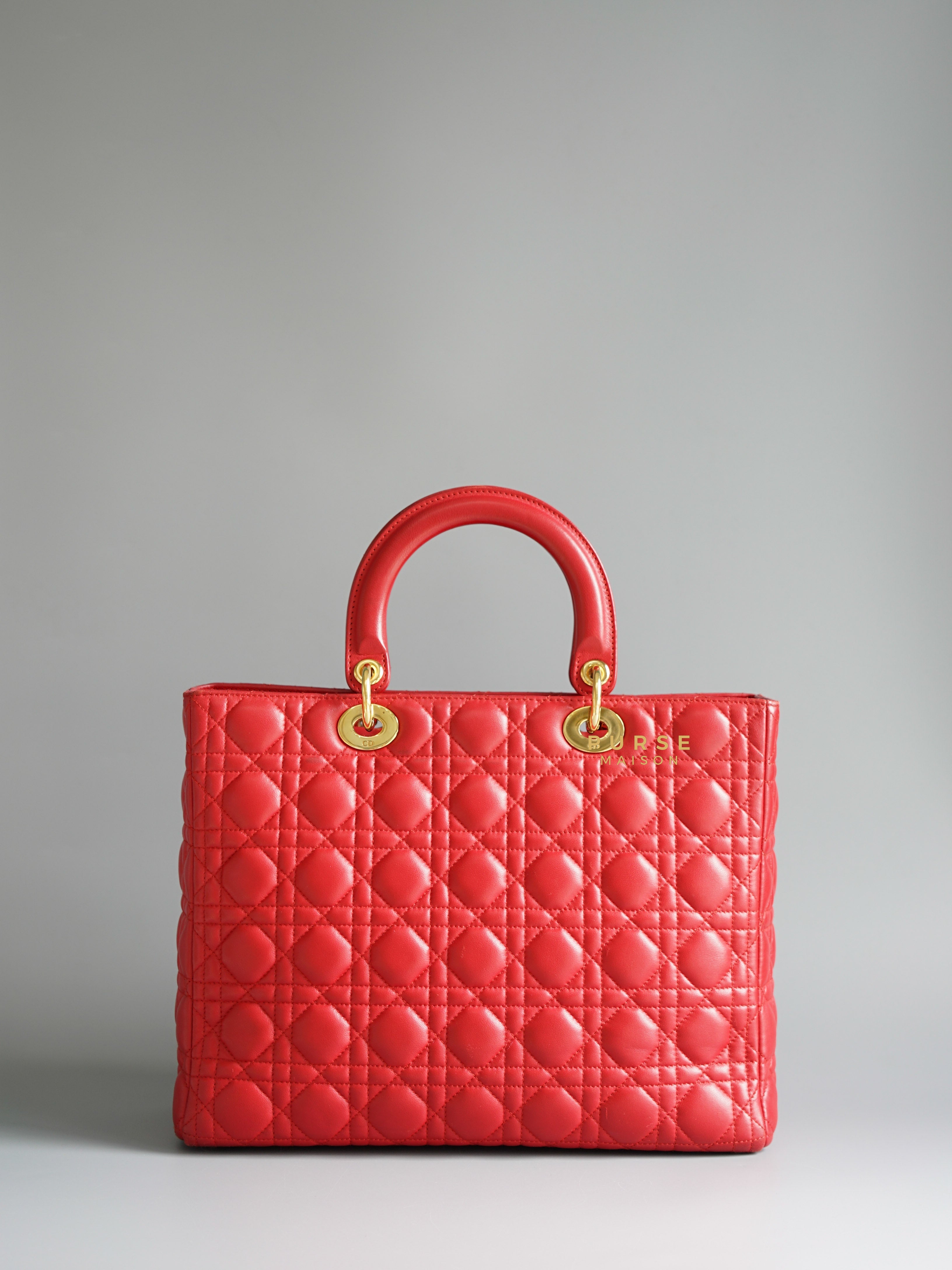 Christian Dior Lady Dior Large Red Cannage Quilt Lambskin Gold Hardware | Purse Maison Luxury Bags Shop