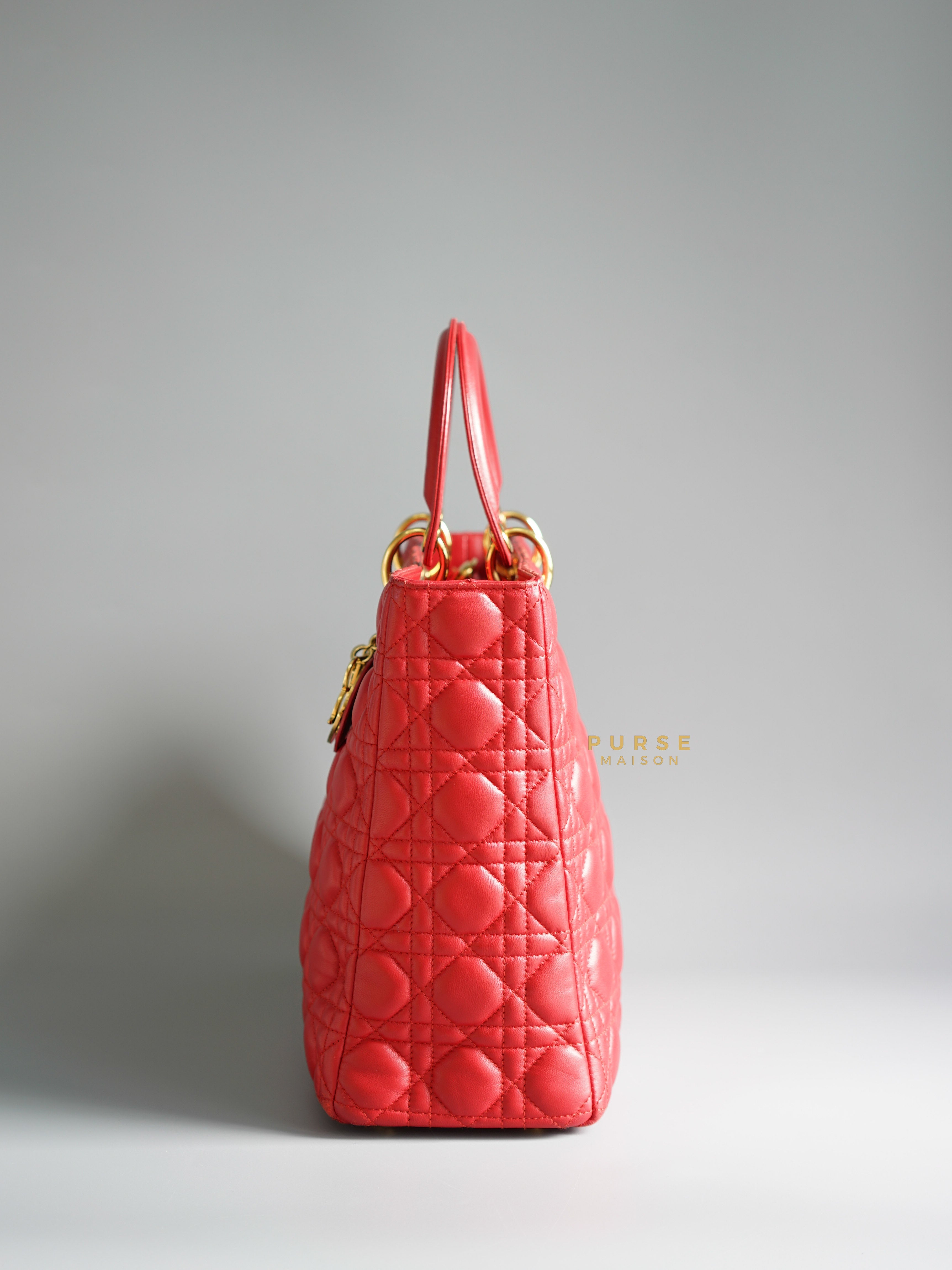 Christian Dior Lady Dior Large Red Cannage Quilt Lambskin Gold Hardware | Purse Maison Luxury Bags Shop