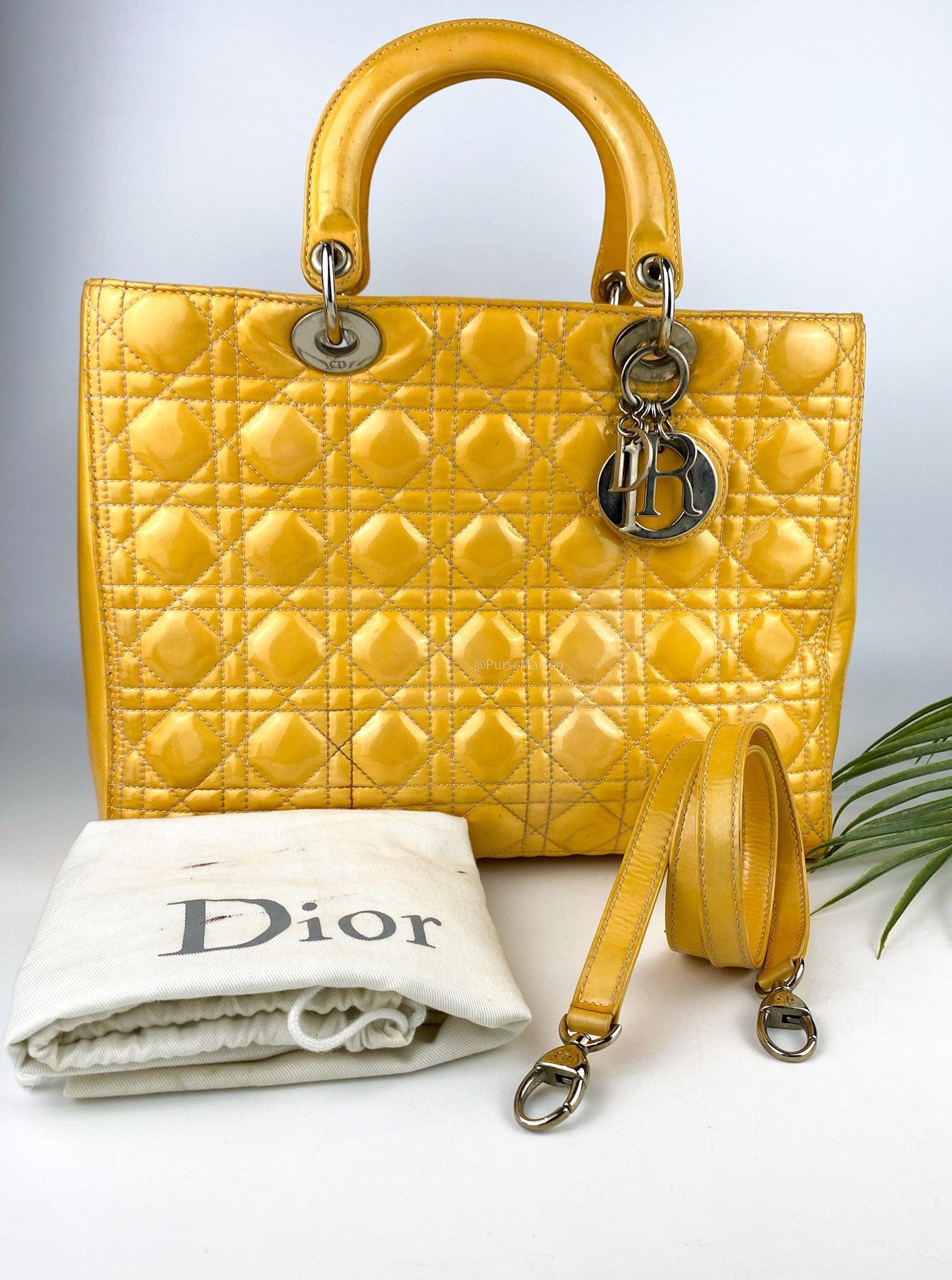 Christian Dior Lady Dior Large Yellow Patent Leather Bag