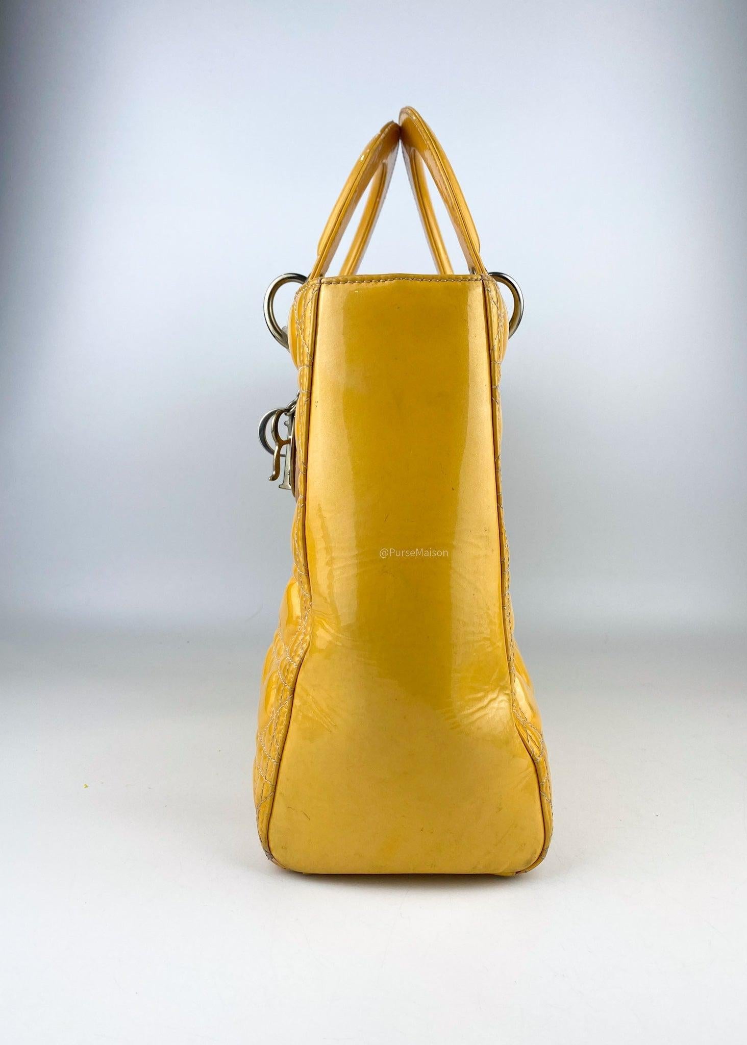 Christian Dior Lady Dior Large Yellow Patent Leather Bag