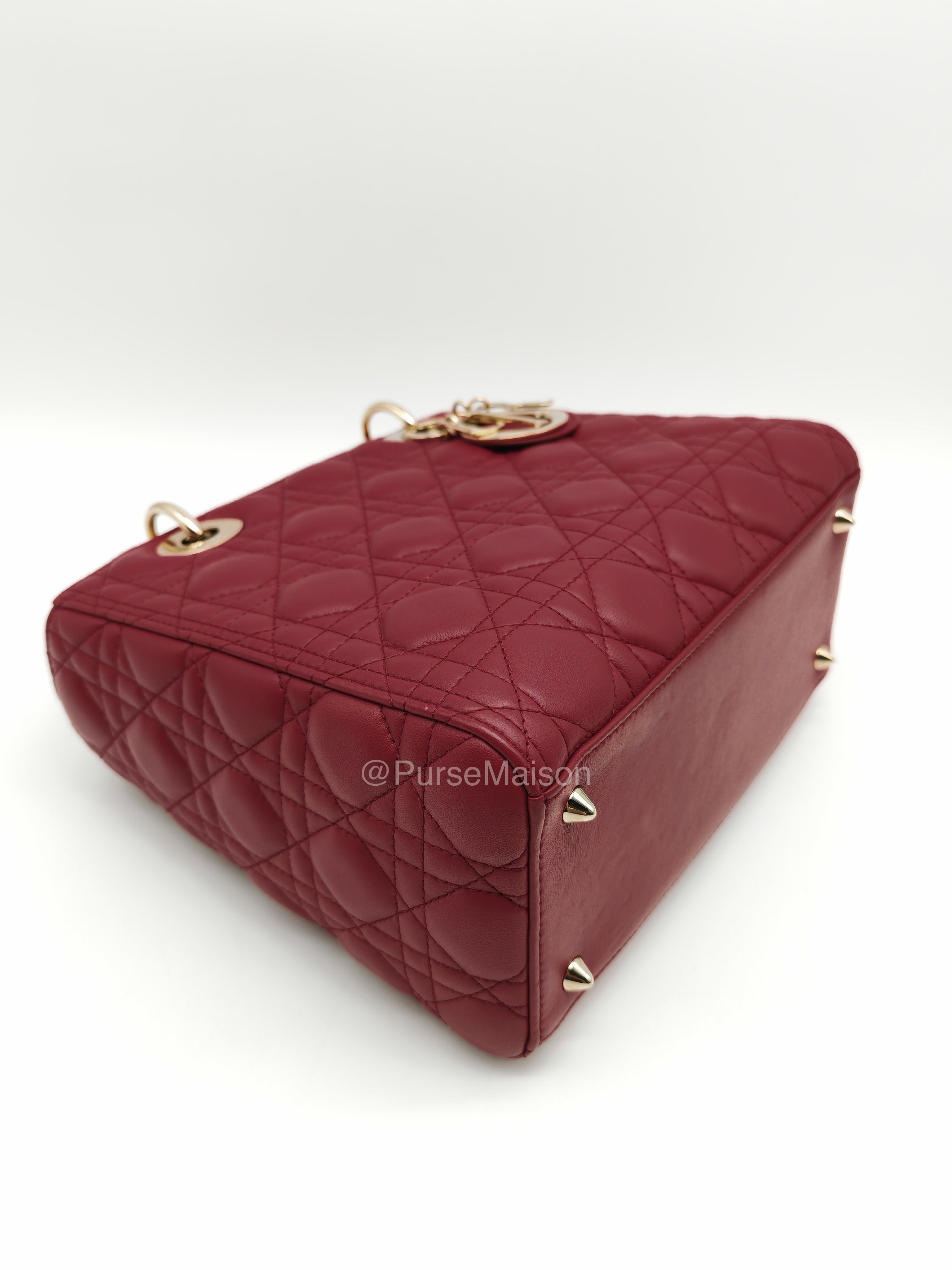 Christian Dior Lady Dior Medium in Dark Red Cannage Quilted Lambskin Leather and Light Gold Hardware | Purse Maison Luxury Bags Shop