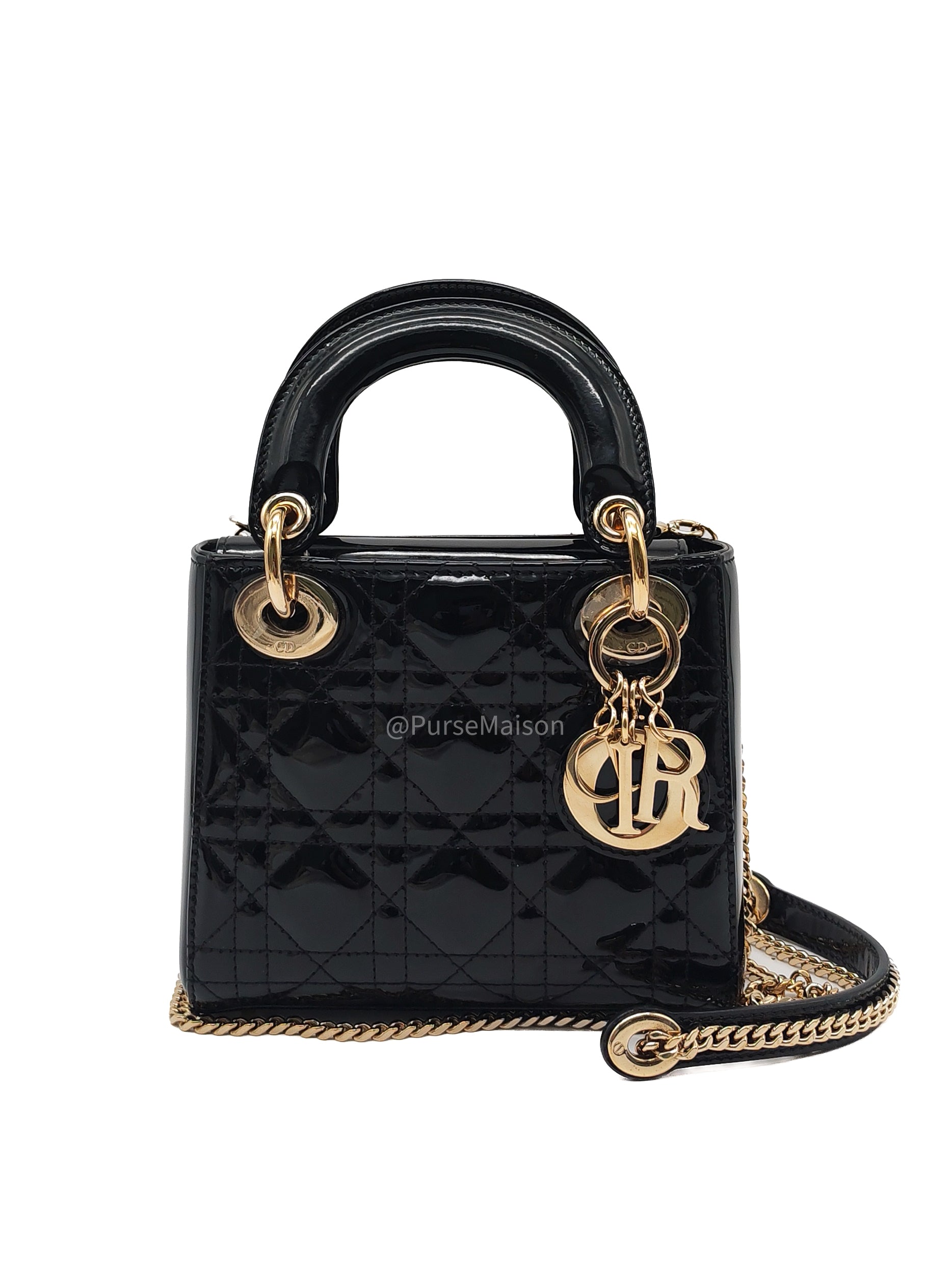 Christian Dior Lady Dior Mini Bag in Black Patent Leather Light Gold Hardware | Purse Maison Luxury Bags Shop