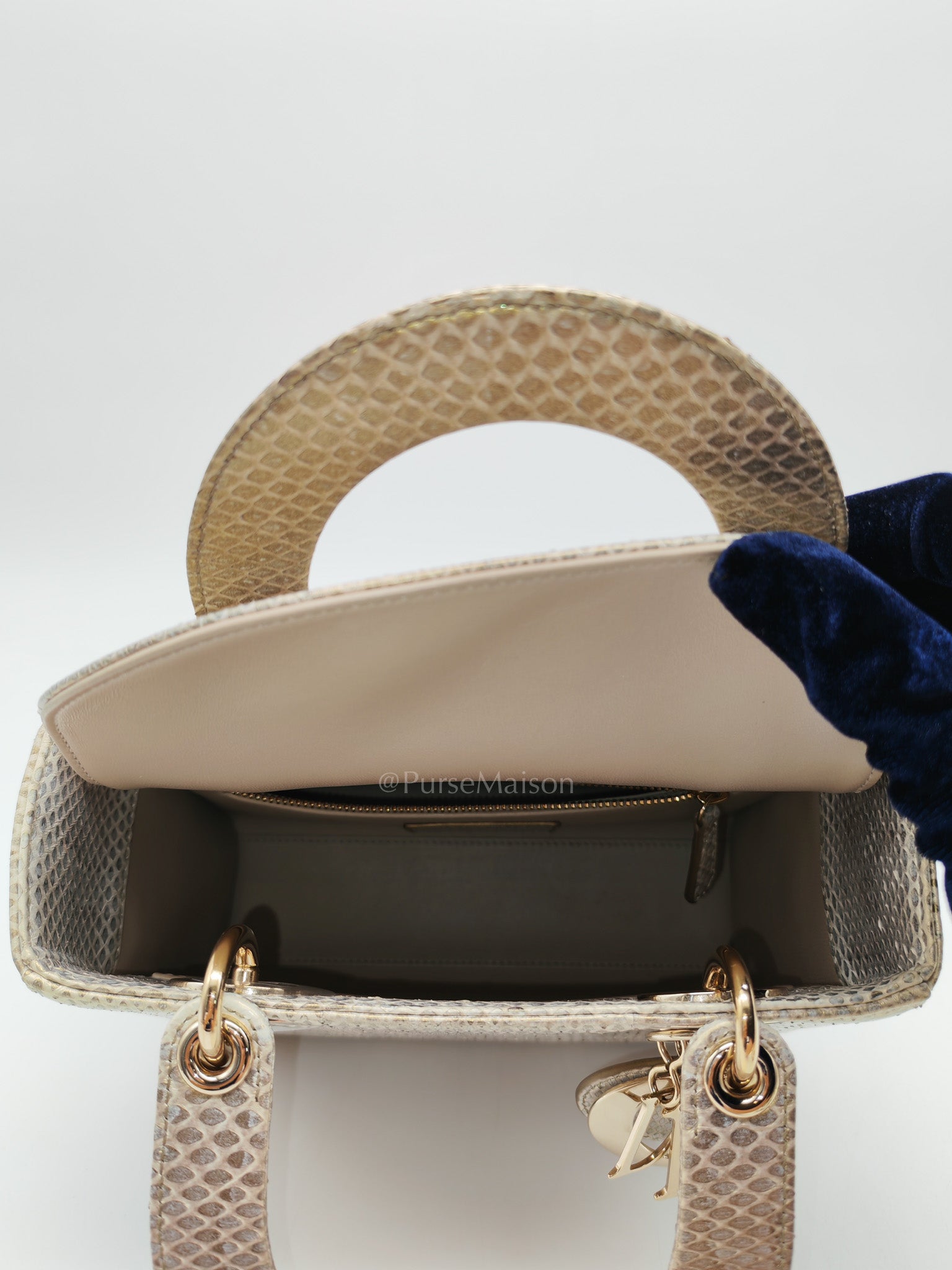 Lady Dior Python Small in Metallic Gold Snakeskin Leather Handbag Light Gold Hardware | Purse Maison Luxury Bags Shop