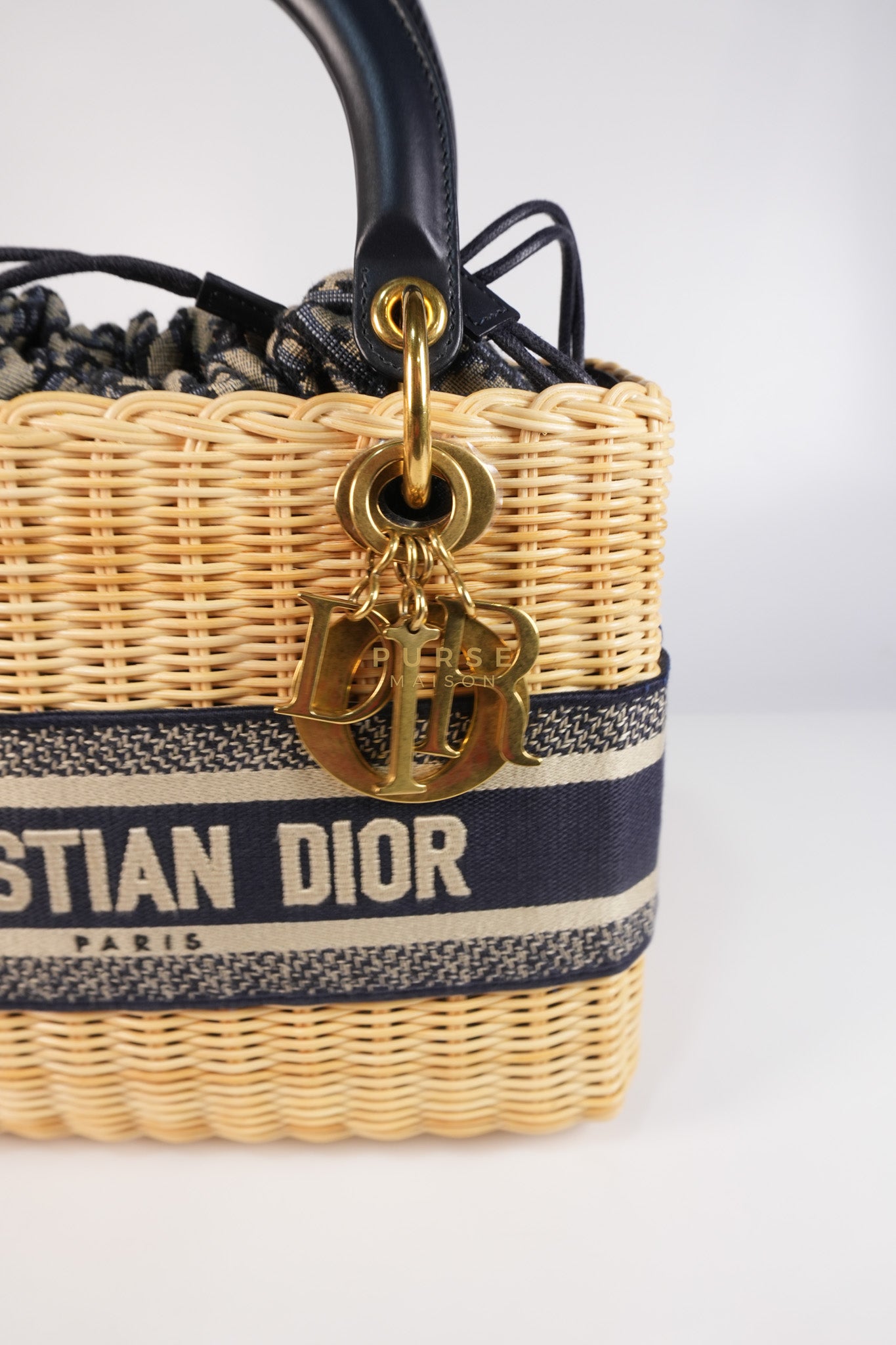 Lady Dior Wicker Medium in Blue Natural Rattan & Oblique Jacquard