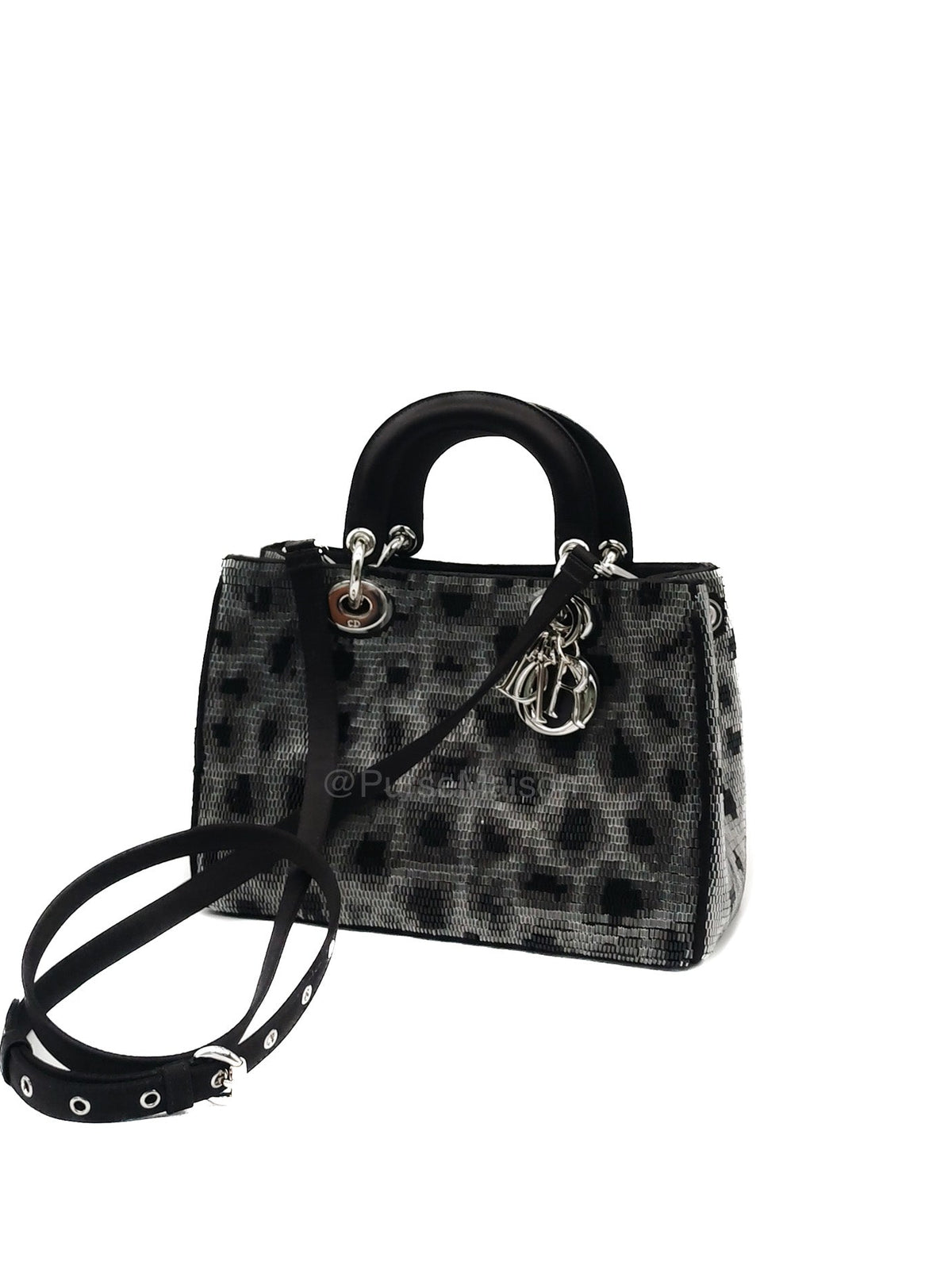 Christian Dior Leopard Lady Dior in Black and Gray Wool Sequin Leather and Silver Hardware | Purse Maison Luxury Bags Shop