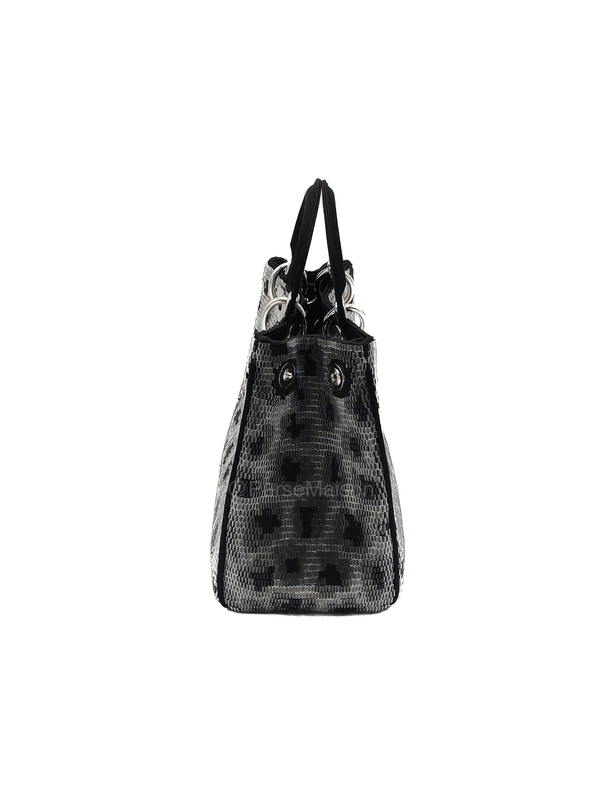Christian Dior Leopard Lady Dior in Black and Gray Wool Sequin Leather and Silver Hardware | Purse Maison Luxury Bags Shop