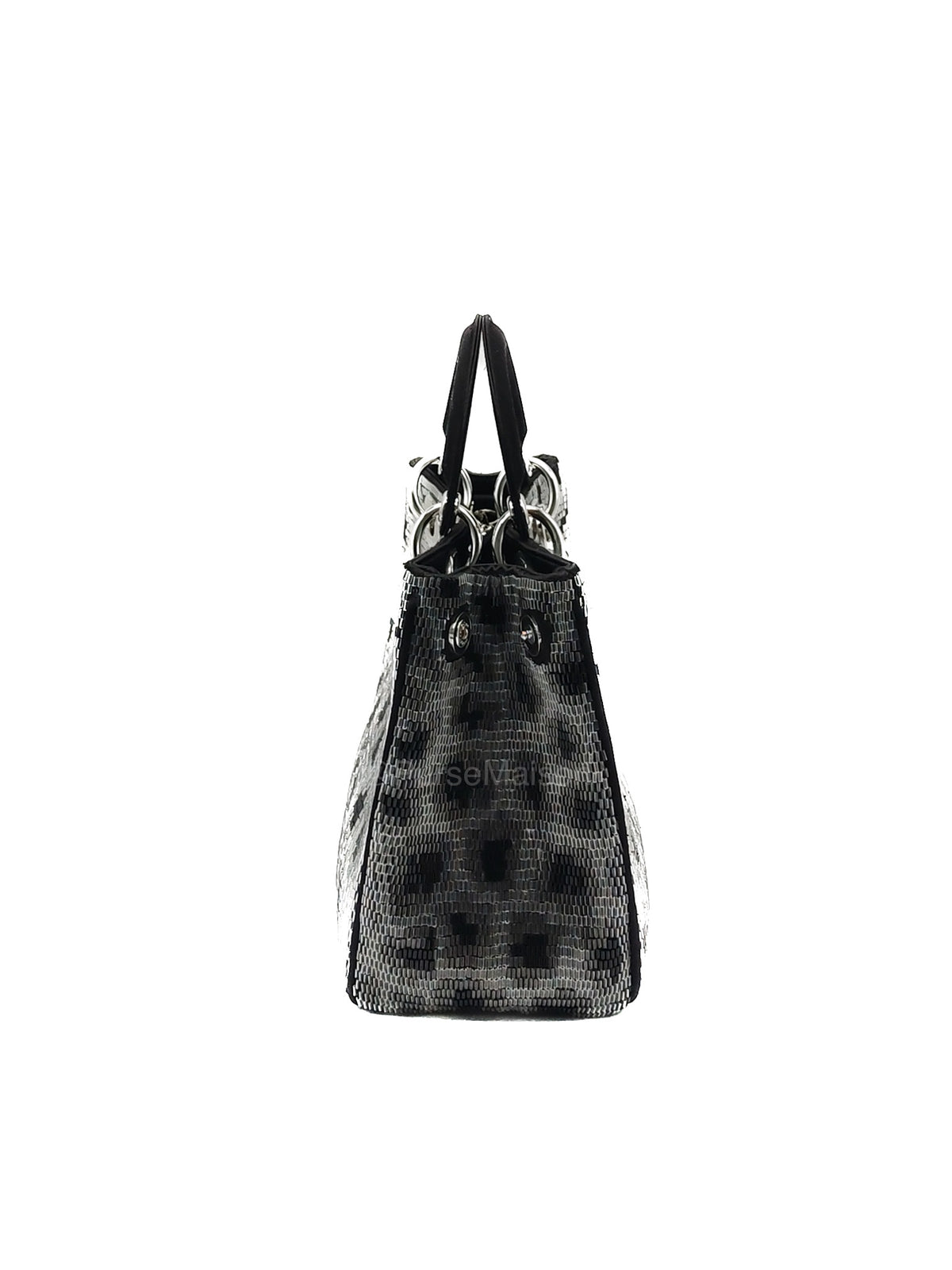 Christian Dior Leopard Lady Dior in Black and Gray Wool Sequin Leather and Silver Hardware | Purse Maison Luxury Bags Shop