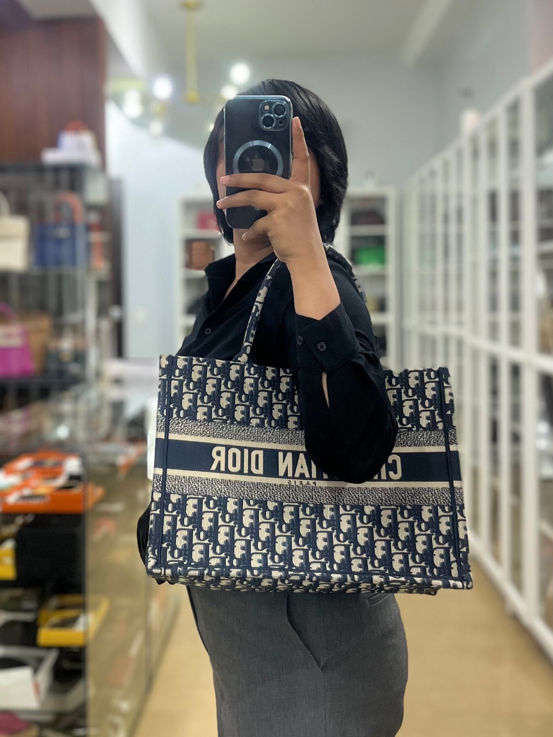 Christian Dior Medium Book Tote Oblique Embroidered Canvas in Blue | Purse Maison Luxury Bags Shop