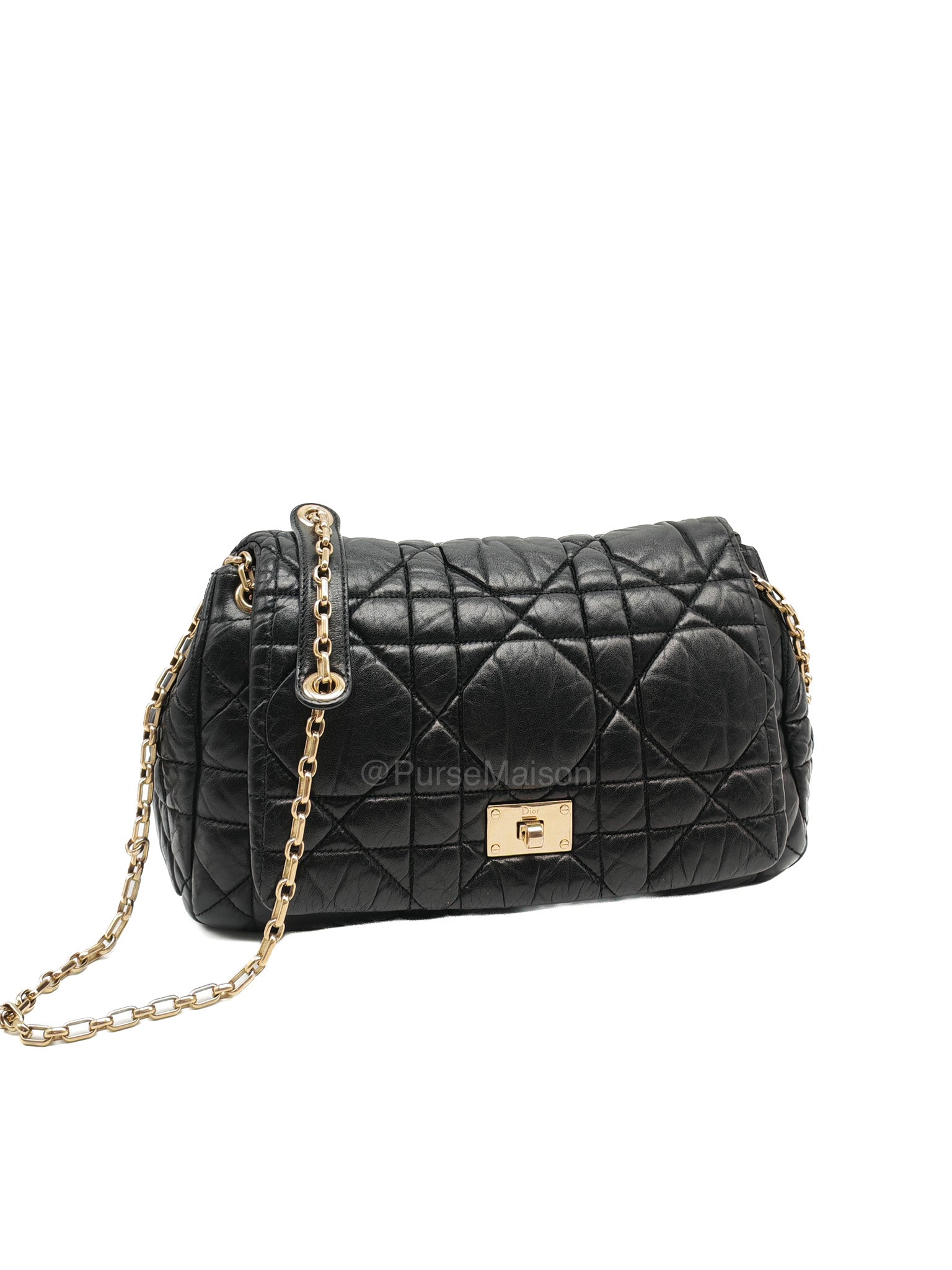 Christian Dior Milly La Foret Shoulder Bag in Black Quilted Cannage Lambskin Leather and Light Gold Hardware | Purse Maison Luxury Bags Shop