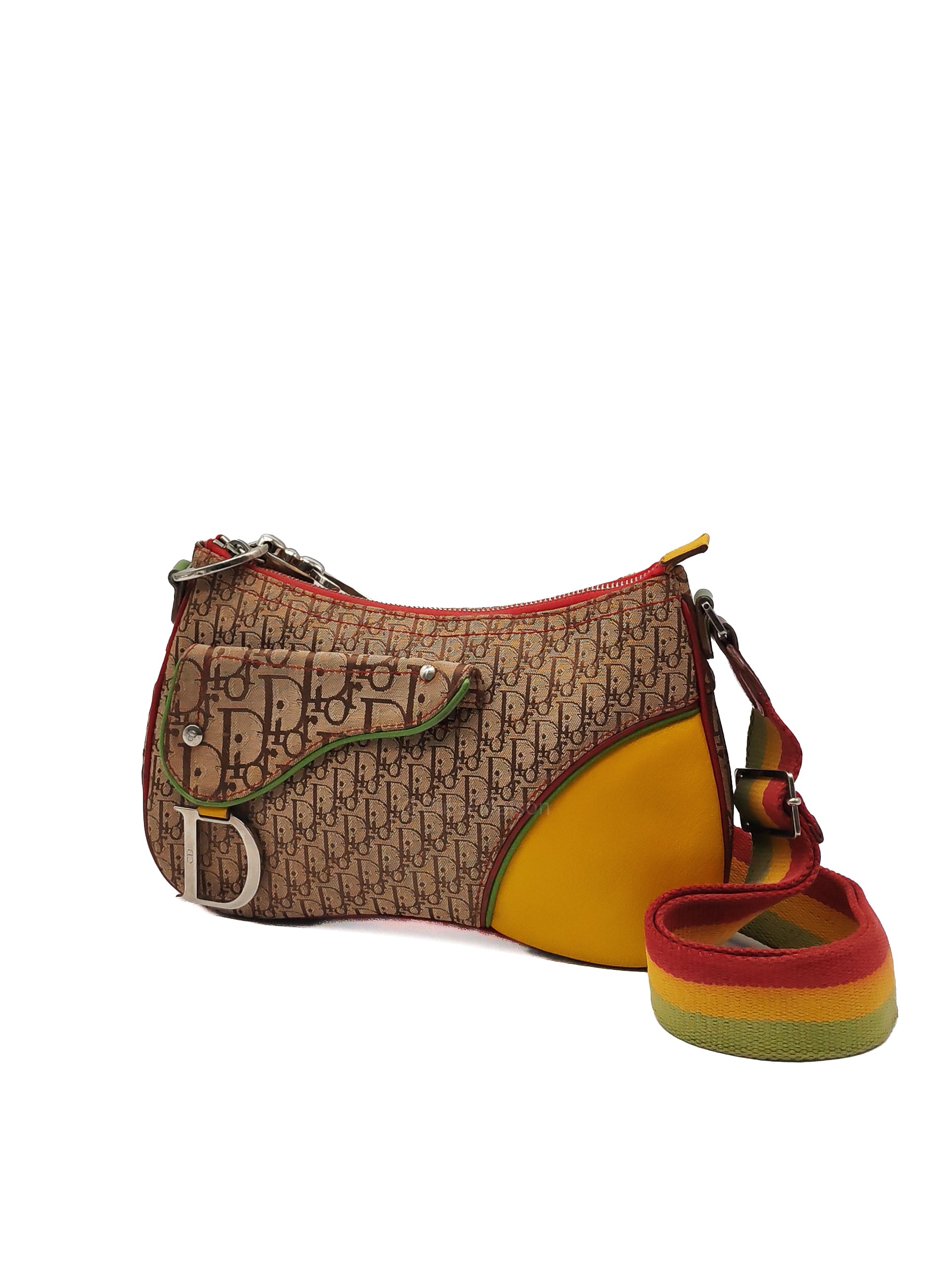 Christian Dior Rasta Trotter Double Saddle Bag in Beige Monogram Canvas with Yellow and Rasta-Colored Accents | Purse Maison Luxury Bags Shop