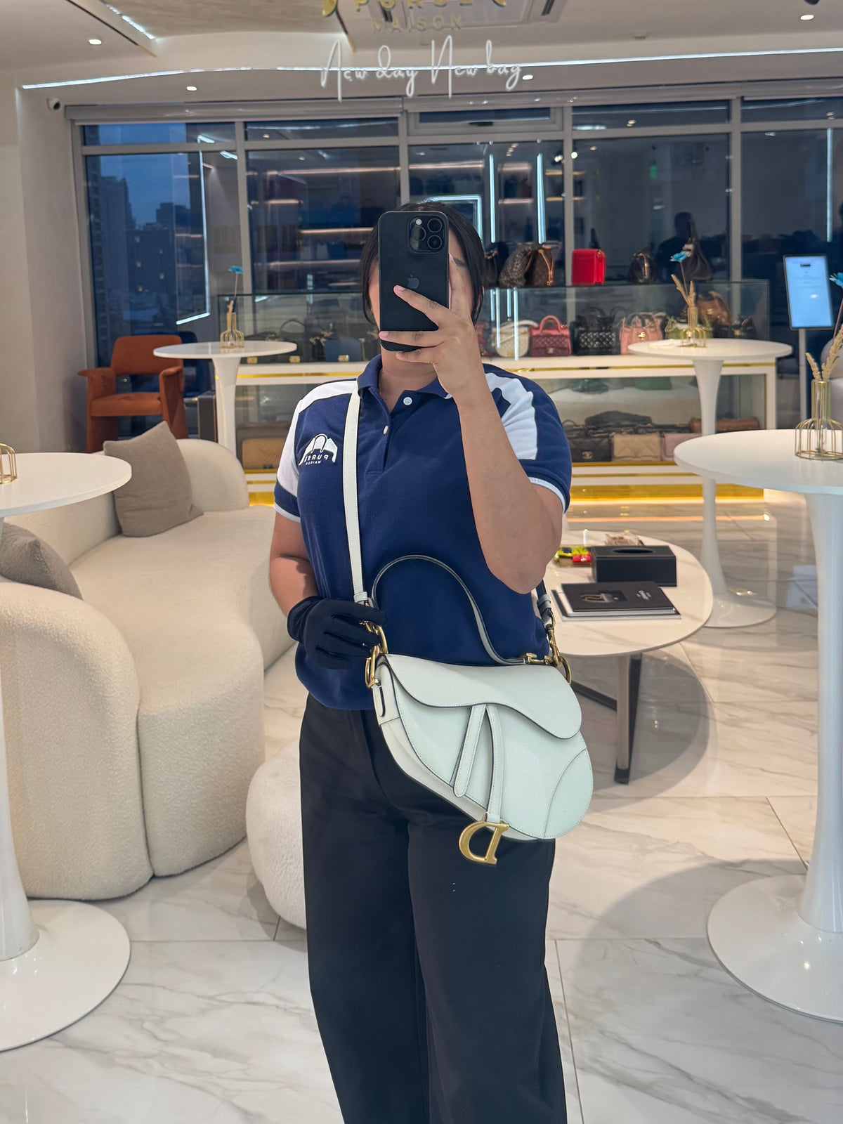 Christian Dior Saddle Bag Medium in White Grained Calfskin Leather and Aged Gold Hardware | Purse Maison Luxury Bags Shop