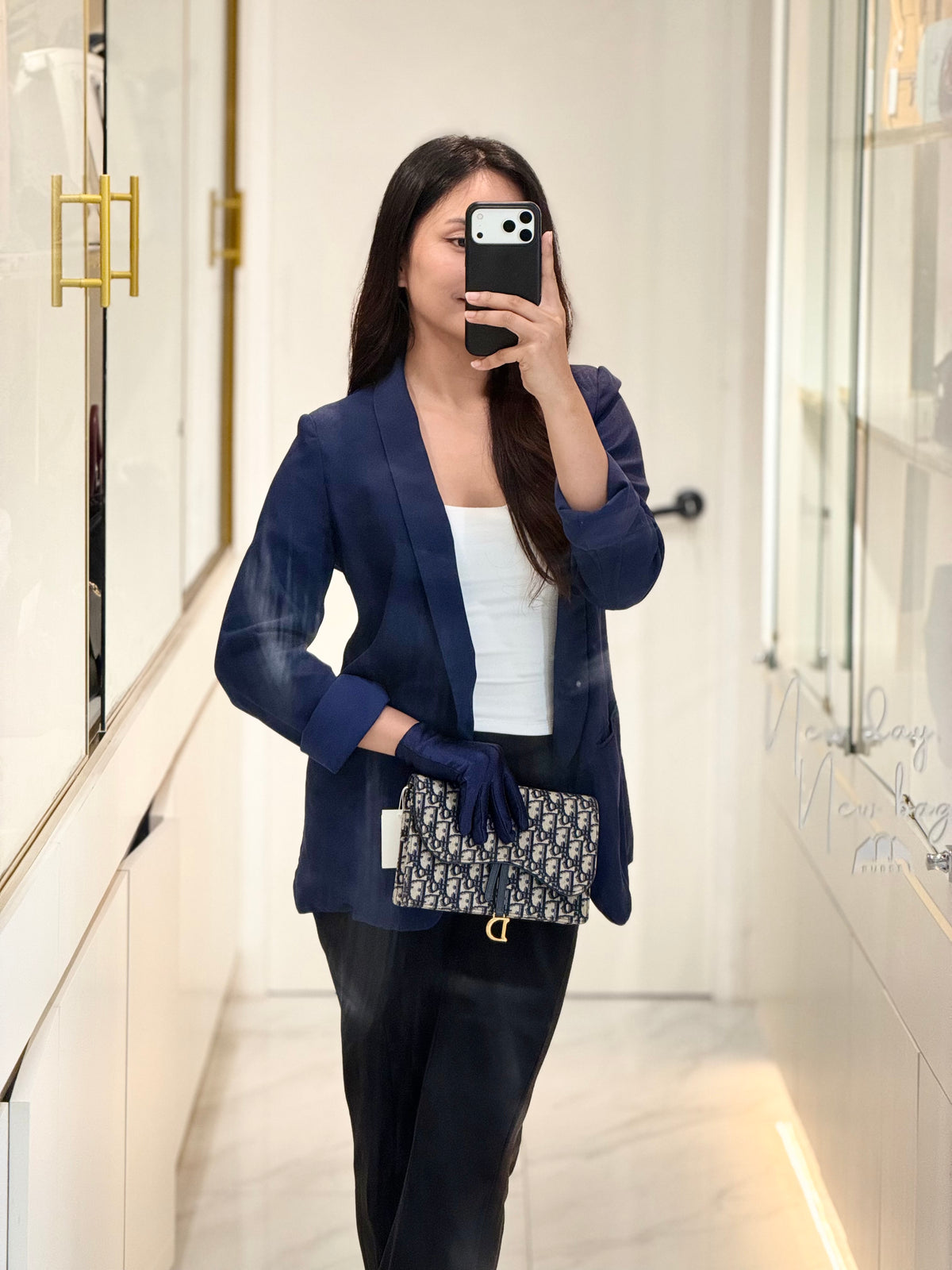 Christian Dior Saddle Pouch Wallet on Chain in Blue Oblique Jacquard Canvas and Gold Hardware | Purse Maison Luxury Bags Shop