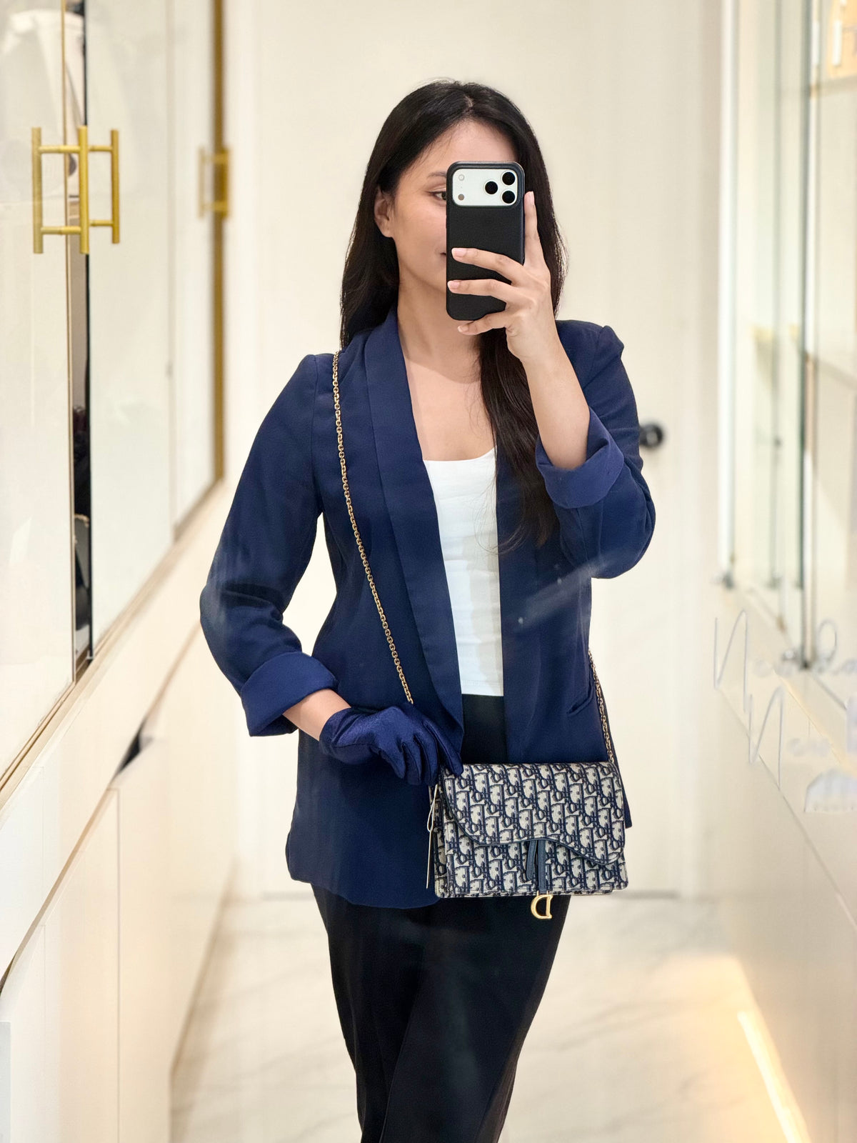 Christian Dior Saddle Pouch Wallet on Chain in Blue Oblique Jacquard Canvas and Gold Hardware | Purse Maison Luxury Bags Shop