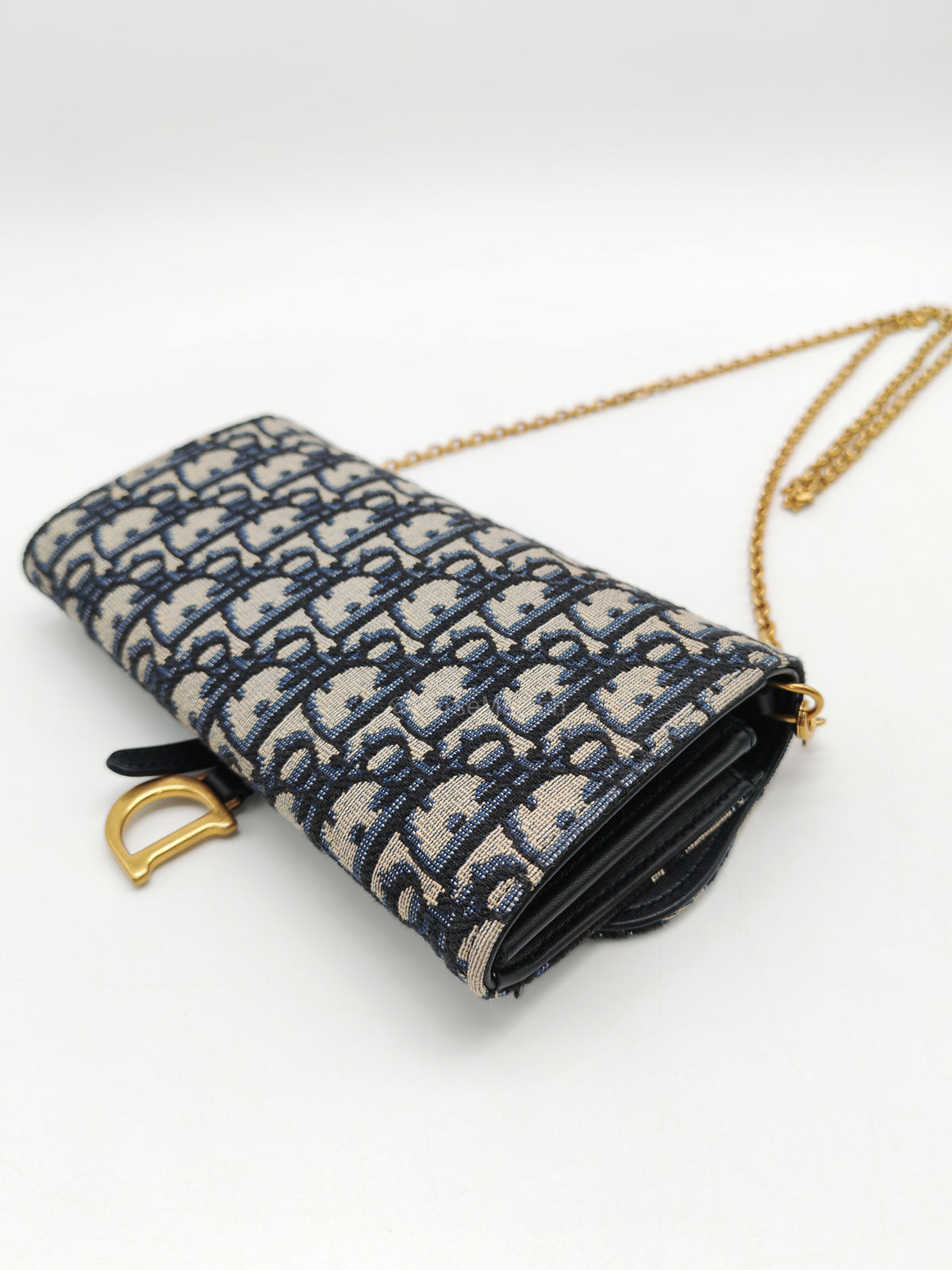 Christian Dior Small Saddle Pouch with Chain in Blue Dior Oblique Jacquard | Purse Maison Luxury Bags Shop