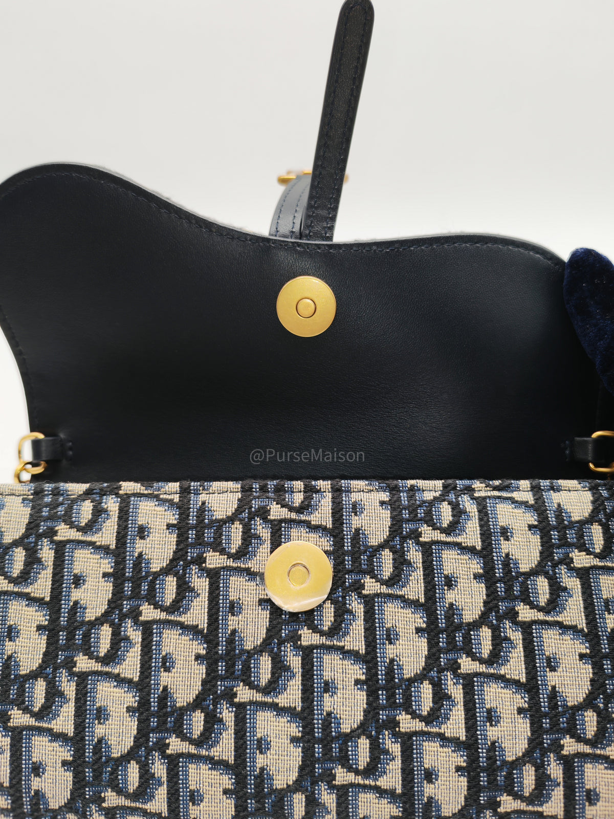 Christian Dior Small Saddle Pouch with Chain in Blue Dior Oblique Jacquard | Purse Maison Luxury Bags Shop