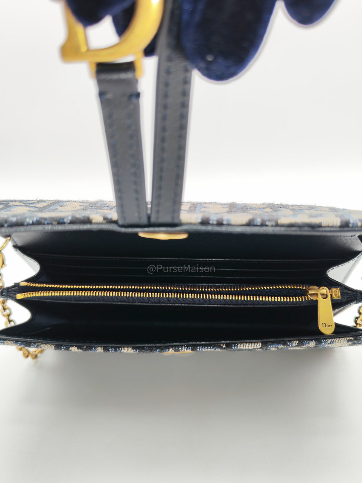 Christian Dior Small Saddle Pouch with Chain in Blue Dior Oblique Jacquard | Purse Maison Luxury Bags Shop