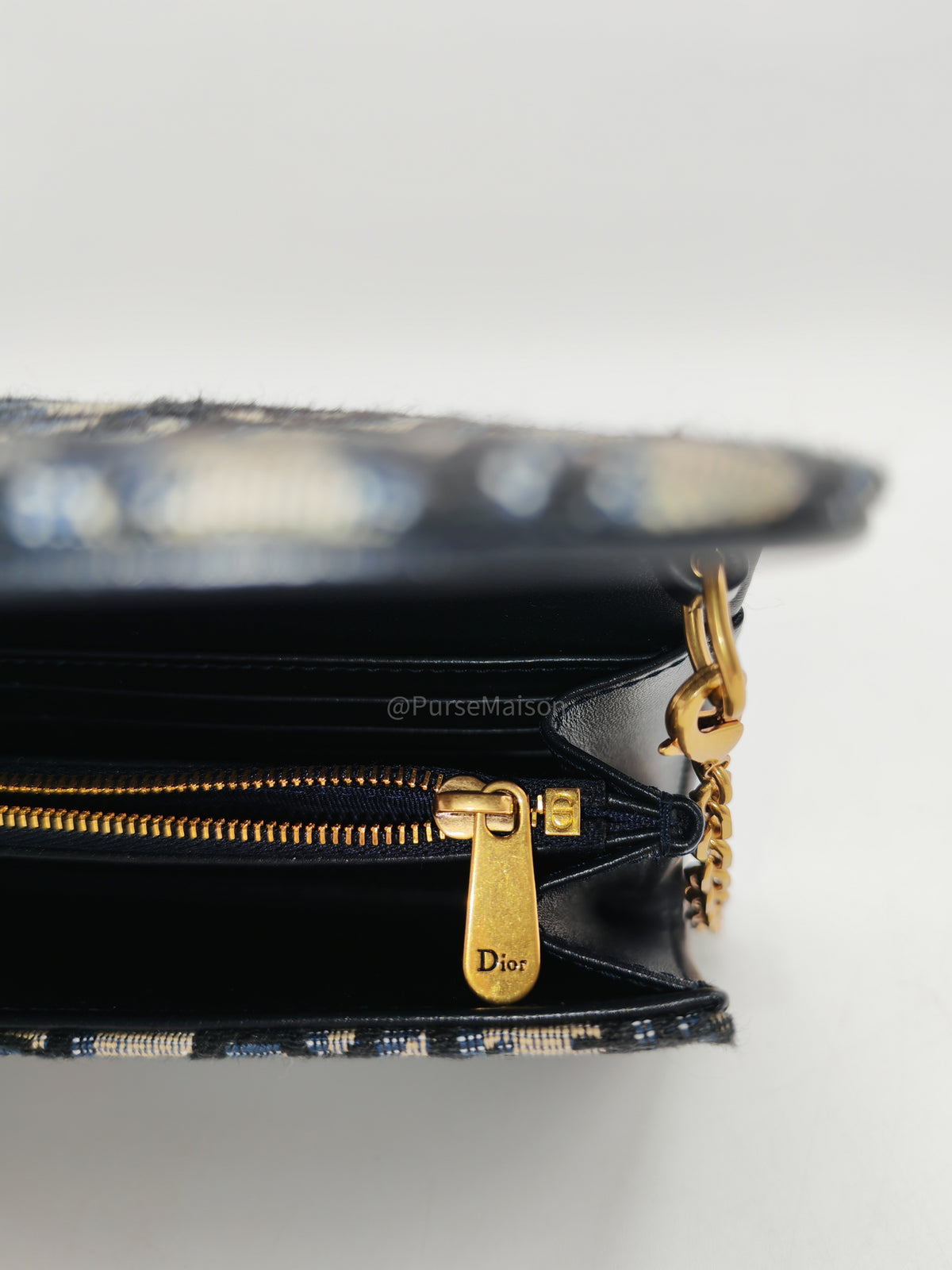Christian Dior Small Saddle Pouch with Chain in Blue Dior Oblique Jacquard | Purse Maison Luxury Bags Shop