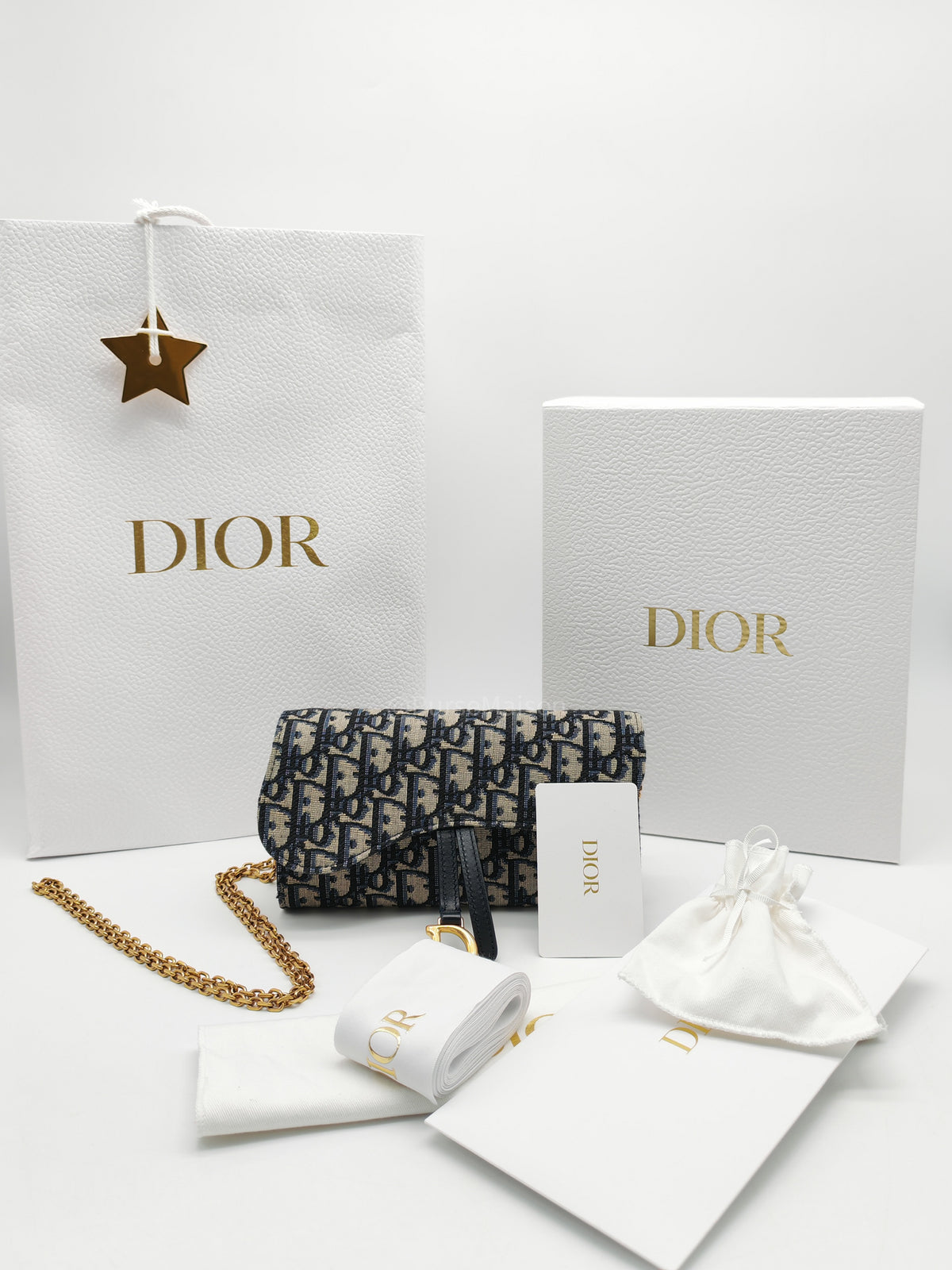 Christian Dior Small Saddle Pouch with Chain in Blue Dior Oblique Jacquard | Purse Maison Luxury Bags Shop