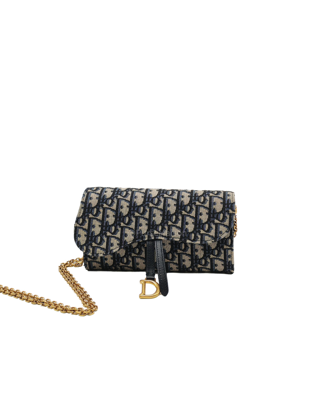 Christian Dior Small Saddle Pouch with Chain in Blue Dior Oblique Jacquard | Purse Maison Luxury Bags Shop