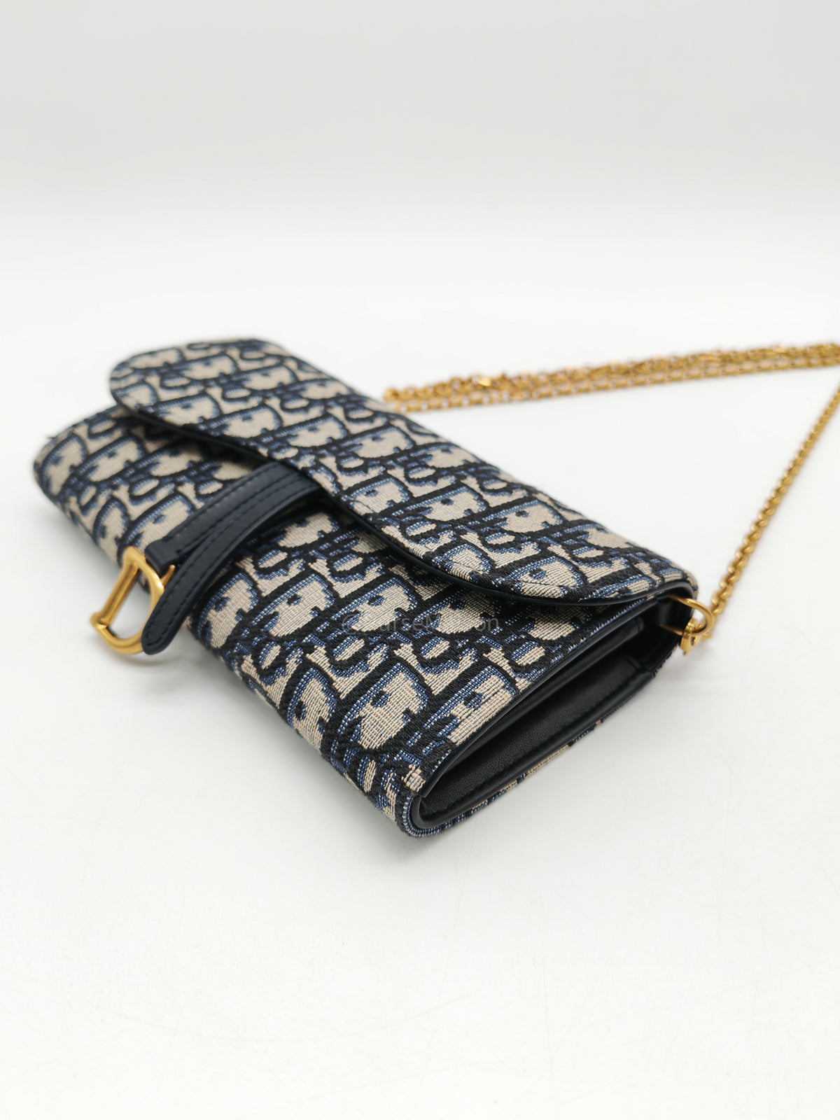 Christian Dior Small Saddle Pouch with Chain in Blue Dior Oblique Jacquard | Purse Maison Luxury Bags Shop