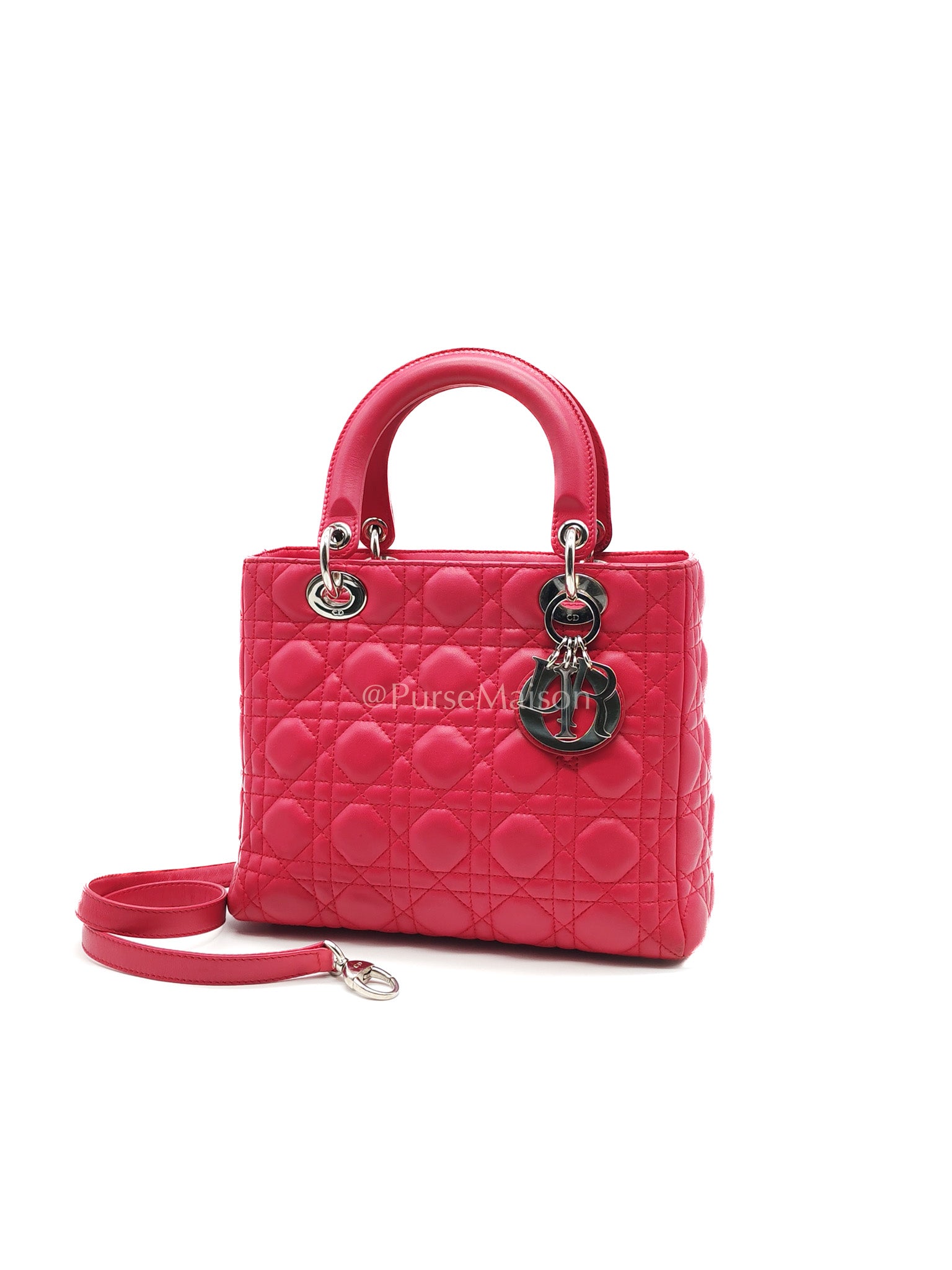 Christian Dior Vintage Lady Dior Medium in Rose Fuschia Lambskin Leather Silver Hardware | Purse Maison Luxury Bags Shop