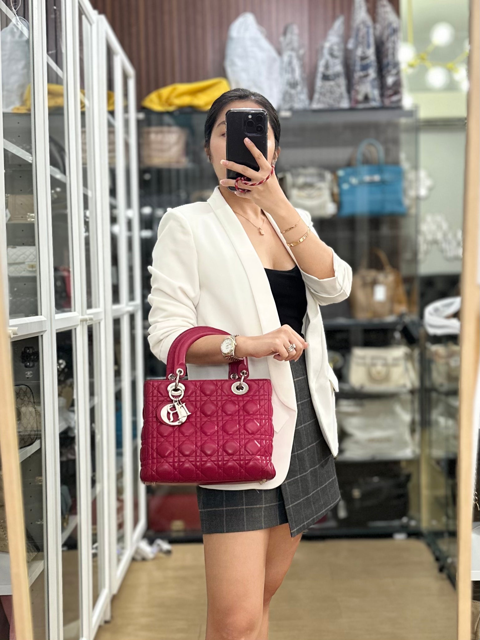 Christian Dior Vintage Lady Dior Medium in Rose Fuschia Lambskin Leather Silver Hardware | Purse Maison Luxury Bags Shop