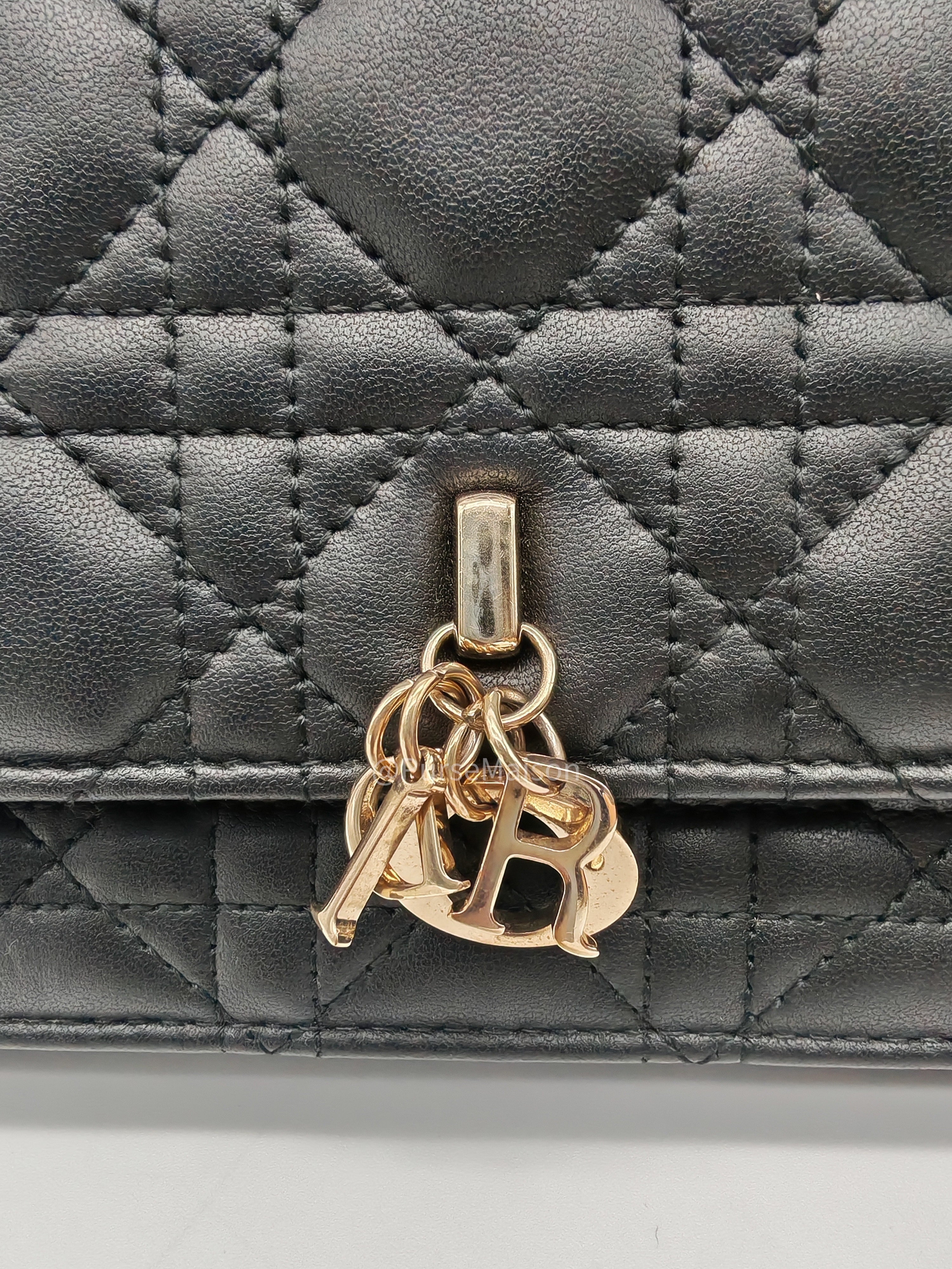 My Dior Mini Top Handle Chain Strap Bag in Black Cannage Lambskin Leather Light Gold Hardware